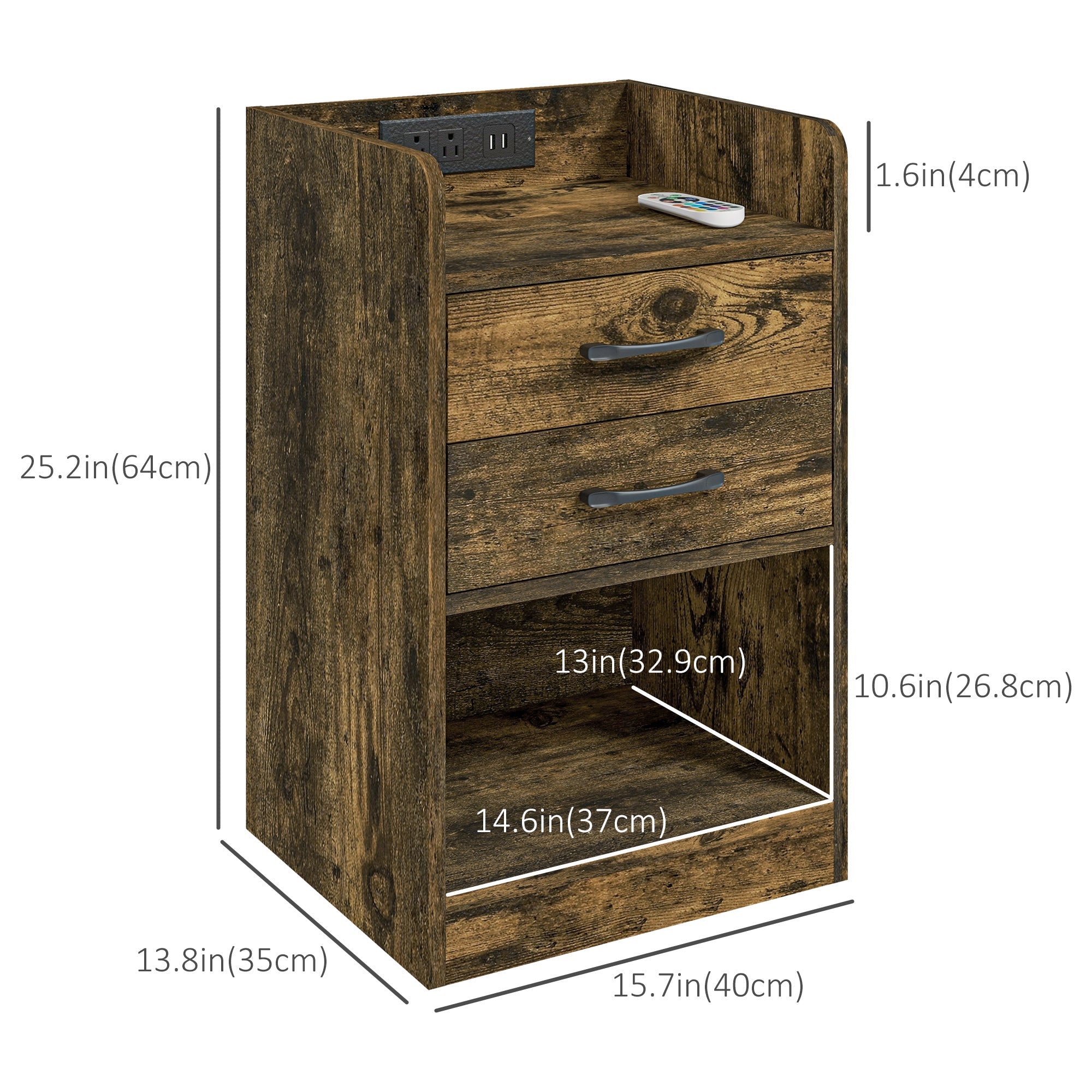 HOMCOM Charging Nightstand Oasis: Brown Rustic Bedroom Furniture with LED Lights, AC Outlets, USB Ports, 2 Drawers & Shelf