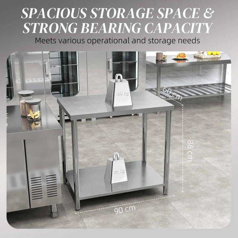 Stainless Steel Workbench, 35 x 24 x 34 Inch, Heavy Duty Work Prep Table with Shelf, Workbench for Kitchen, Garage