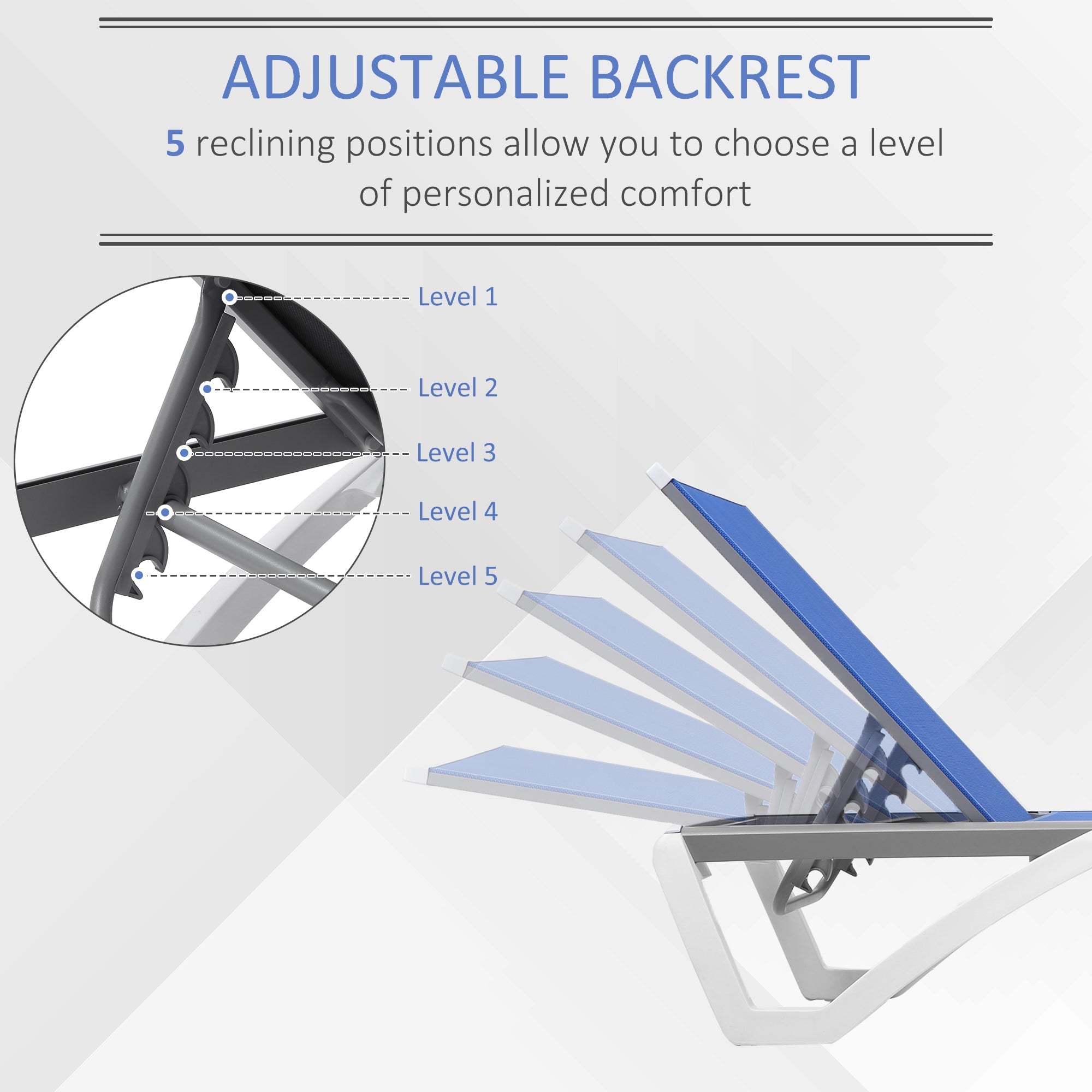 Outsunny Outdoor Chaise Lounge Chair Portable with Adjustable Back Wheels Breathable Mesh Fabric Blue