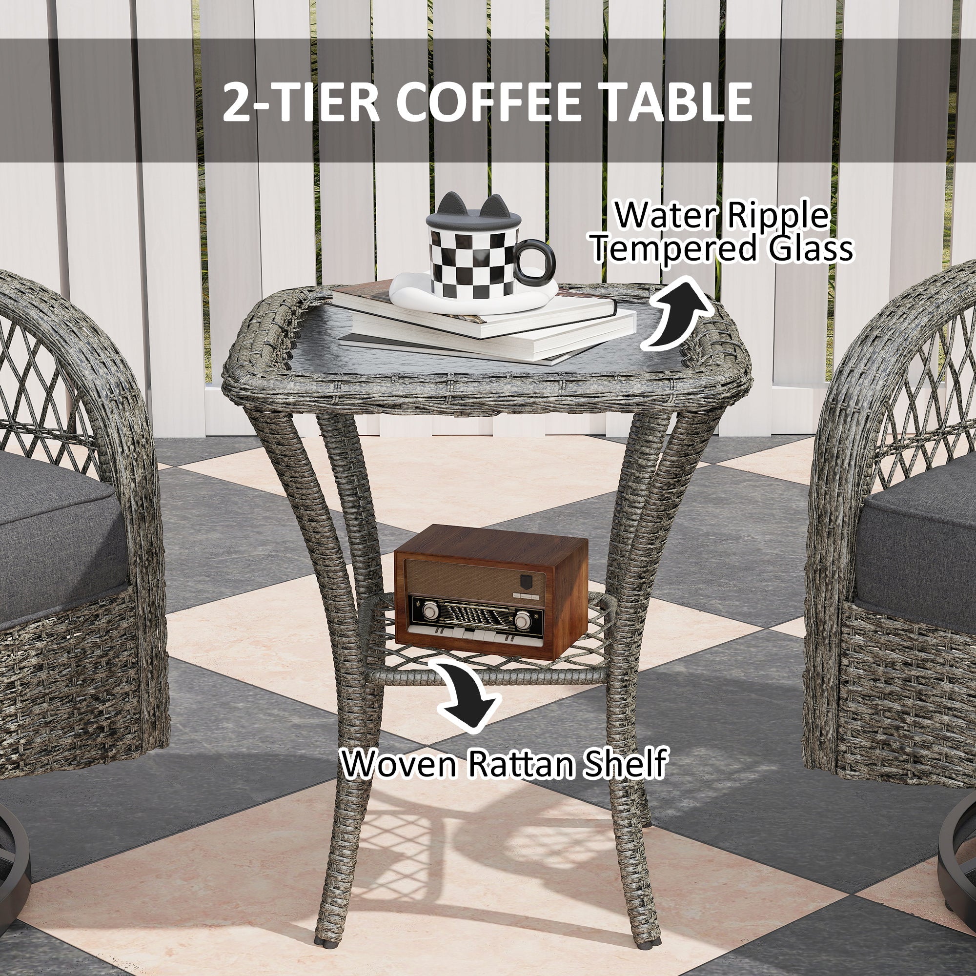 Outsunny Wicker Balcony Furniture with 2 Swivel Glider Chairs and 2-Tier Glass Coffee Table, 3 Piece Patio Set for Porch, Grey
