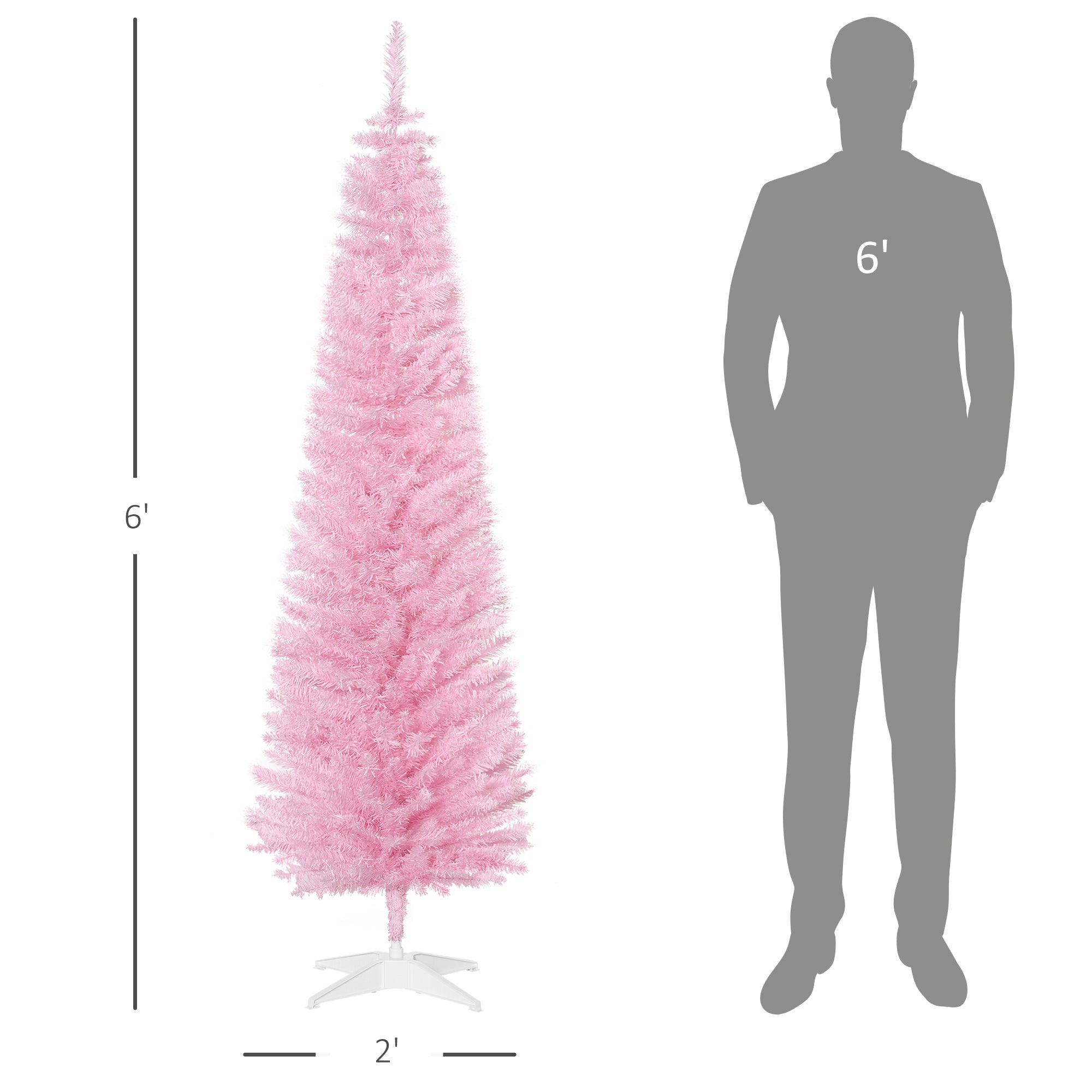 HOMCOM 6' Pencil Christmas Tree, Slim Artificial Xmas Tree with Realistic Branches, Sturdy Metal Stand, Pink