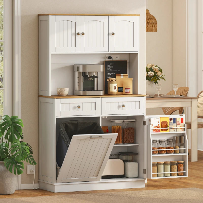 68" Pantry Cabinet with Charging Station, Storage Cabinet with Microwave Stand, 10 Gallon Trash Can Cabinet, White
