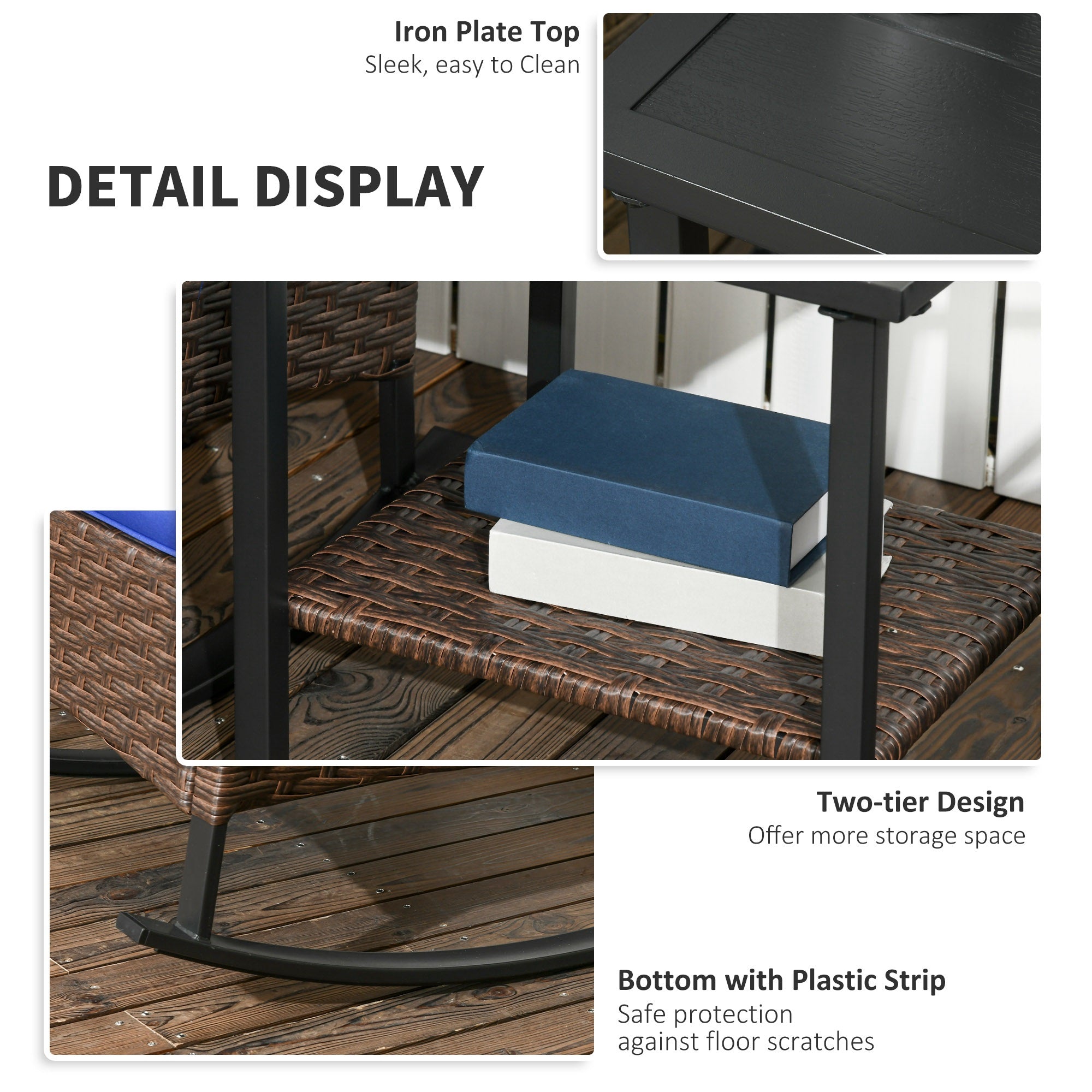 Outsunny Rocking Chair Set 3PC Outdoor PE Rattan Bistro Set with Two-tier Table Padded Cushions Dark Blue