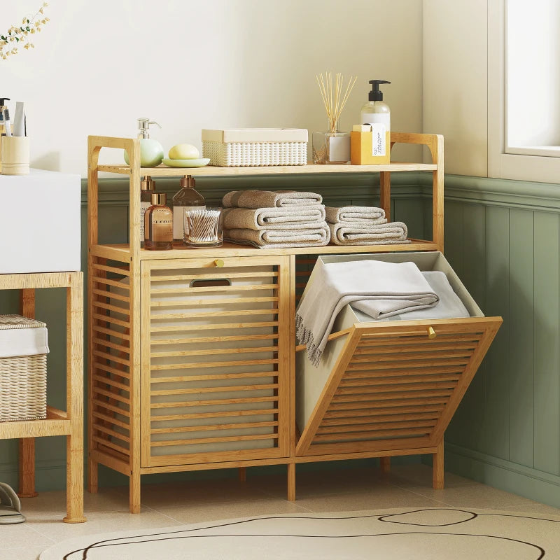 Tilt Out Laundry Hamper, Bamboo Laundry Cabinet with 2 Removable Baskets and 2-Tier Shelves for Laundry Room, Natural