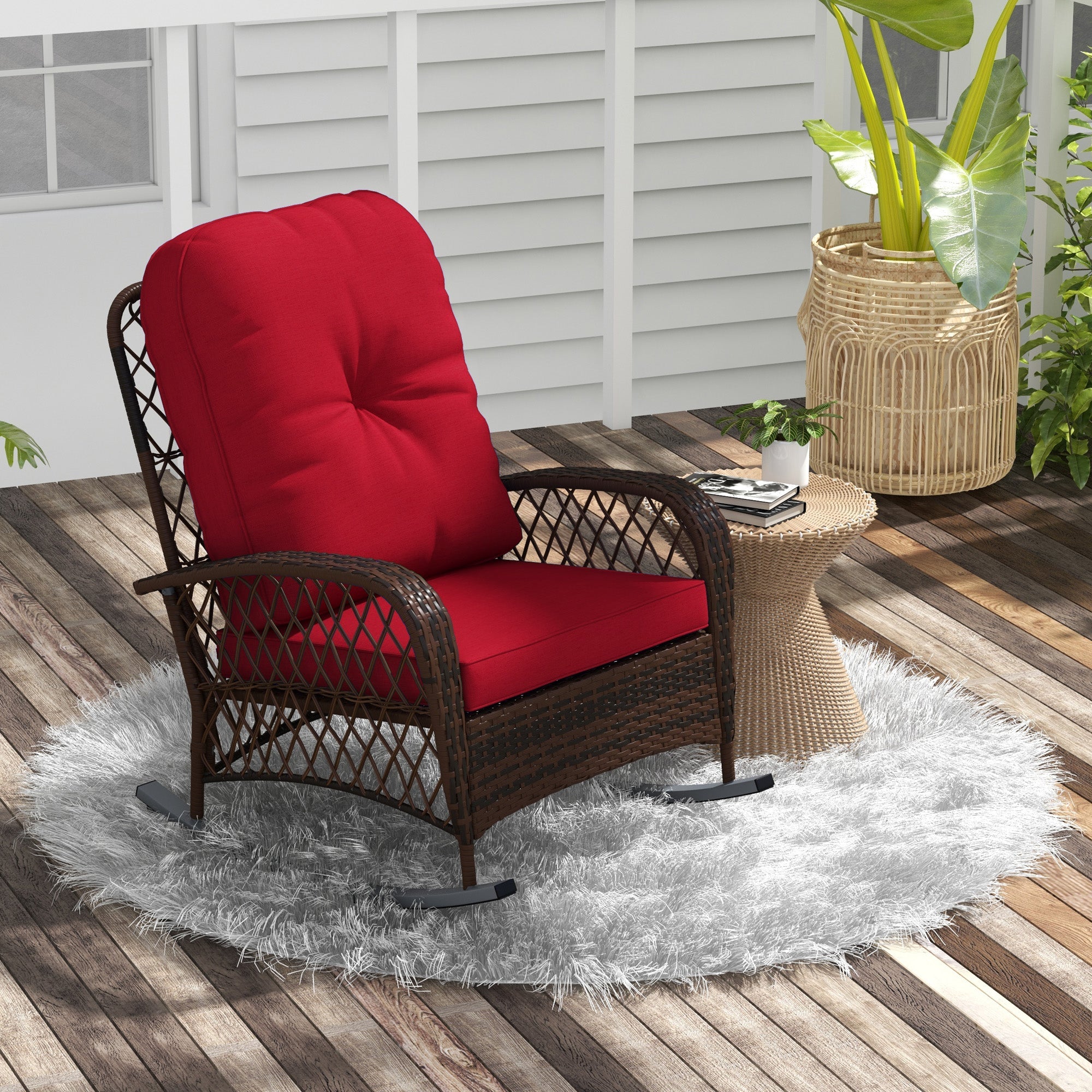 Outsunny Wicker Rattan Rocking Chair with Thick Cushions, Outdoor Patio Rocker for Garden Backyard Porch, Red