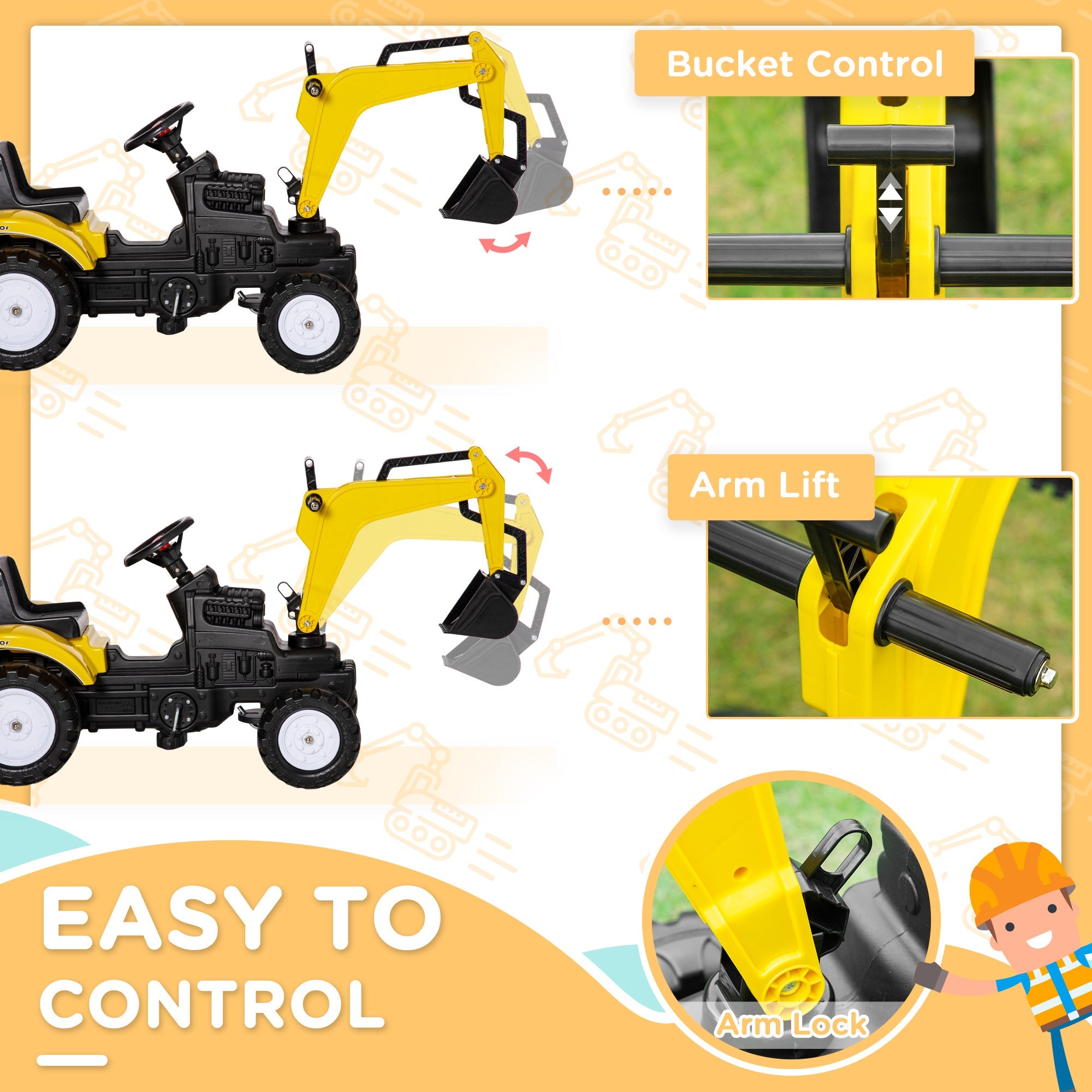 Aosom Kids Ride on Excavator, Pedal Excavator Ride on Toy, Pretend Play Ride on Tractor for Kids & Toddlers, Yellow