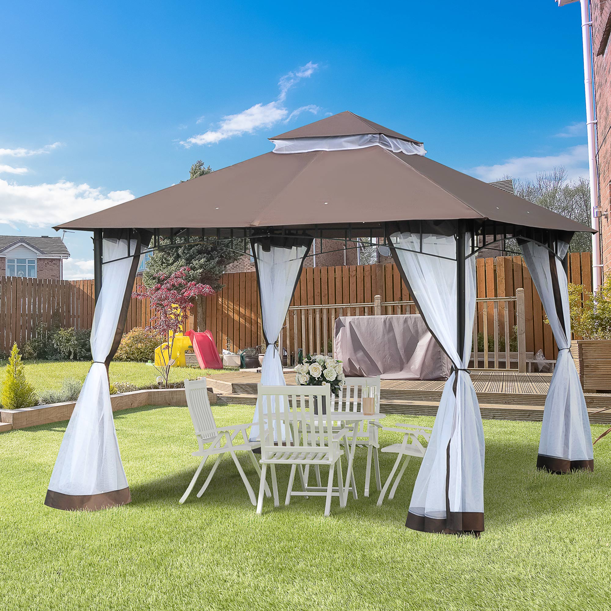 Outsunny 10x10ft Double Tier Garden Gazebo Canopy Outdoor Sunshade Tent Water-Resistant Anti-UV Roof with Metal Frame