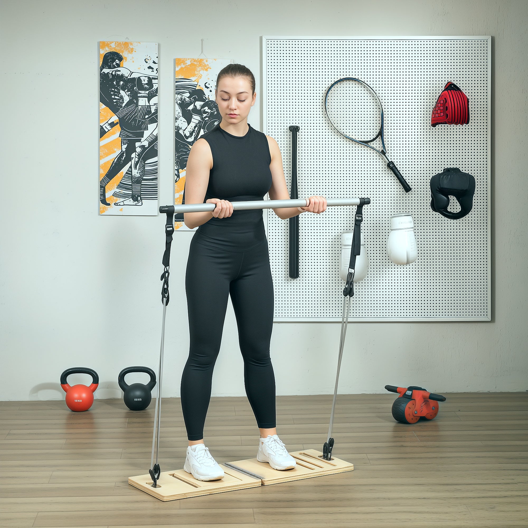 Soozier Pilates Bar Kit with Resistance Bands and Foldable Calf Stretch Board, Pilates Equipment for Full Body Workouts, Grey
