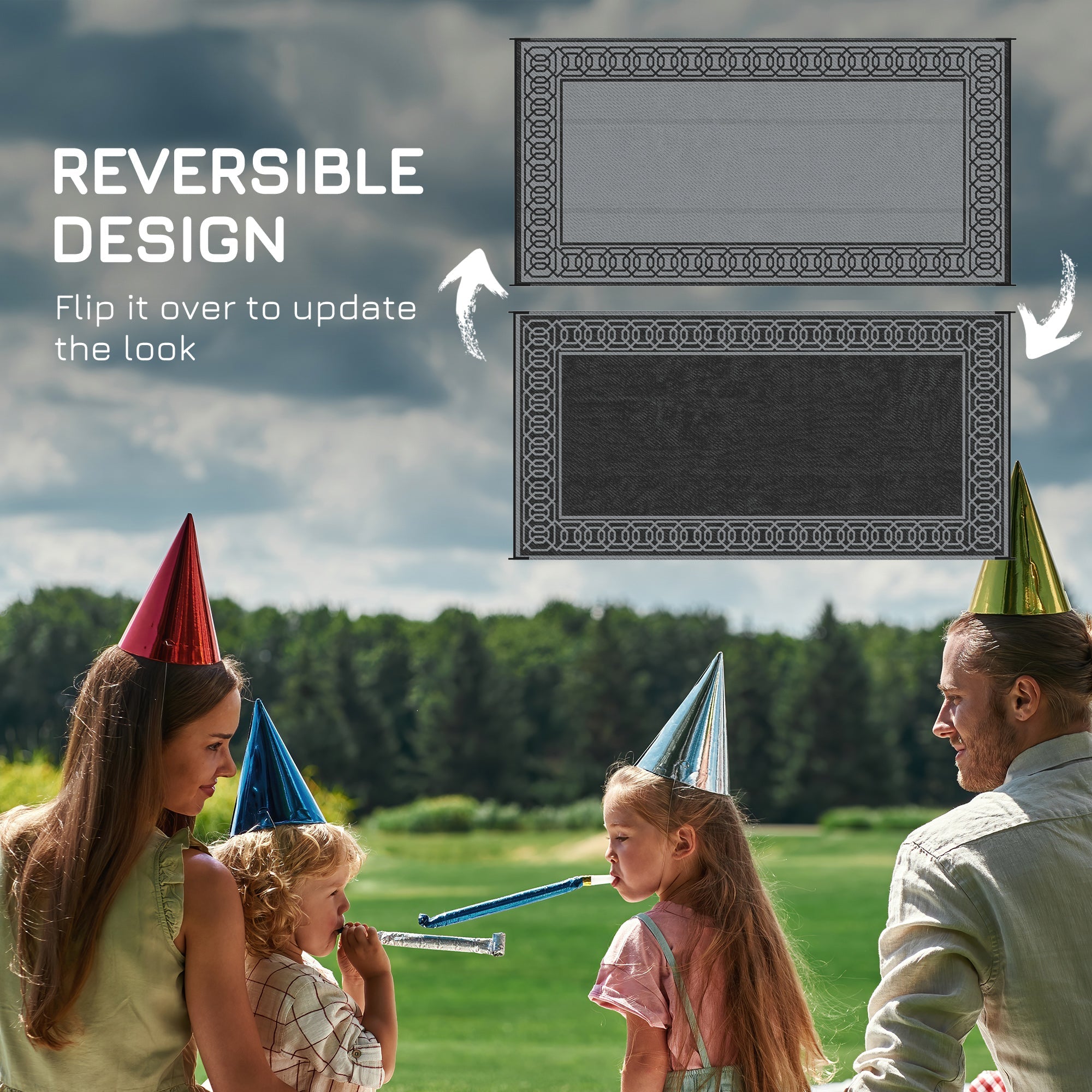 Outsunny 9' x 18' Portable Outdoor Rug Reversible Waterproof Mat with Carry Bag for RV Backyard Deck Black