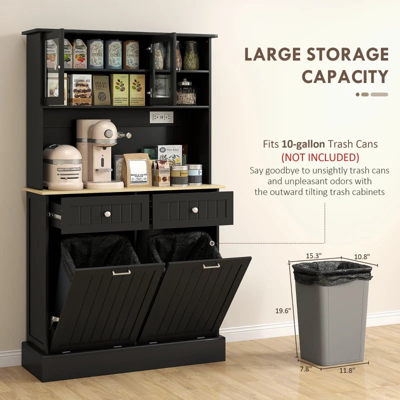 Kitchen Cabinet with Charging Station, 2 Tilt Out Cabinets, Microwave Stand, Freestanding Kitchen Pantry Cabinet, Black