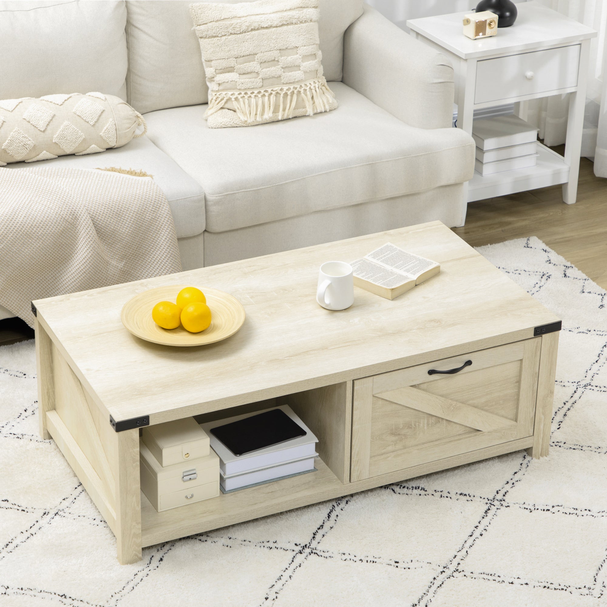 HOMCOM White Oak Farmhouse Coffee Table: Rustic Center Table with Drawer and Storage Shelf for Living Room