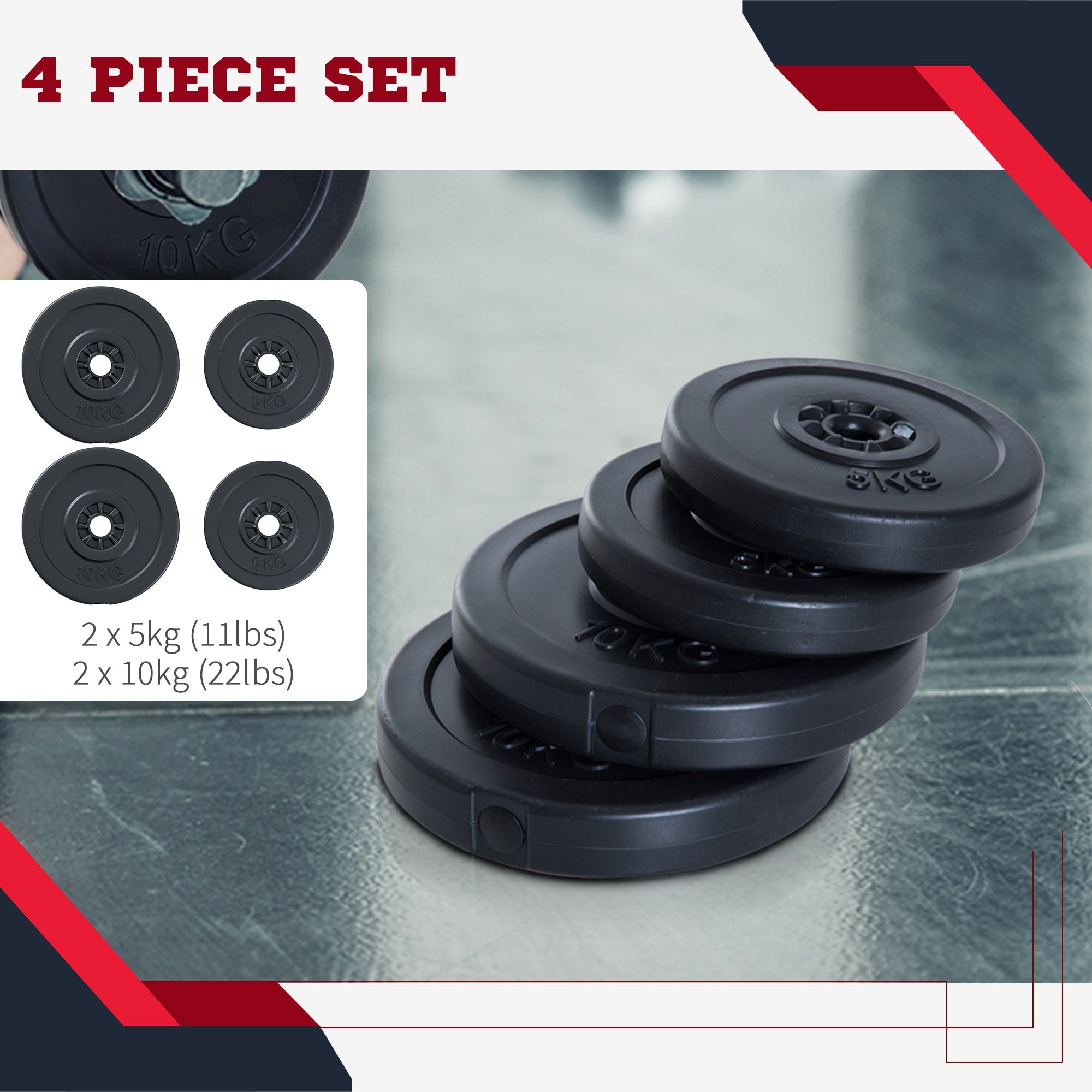 Soozier Dumbbell Weight Set: 4pc Kit with 2x 11lbs Barbells & Durable Weight Plates for Home Fitness Training, Black