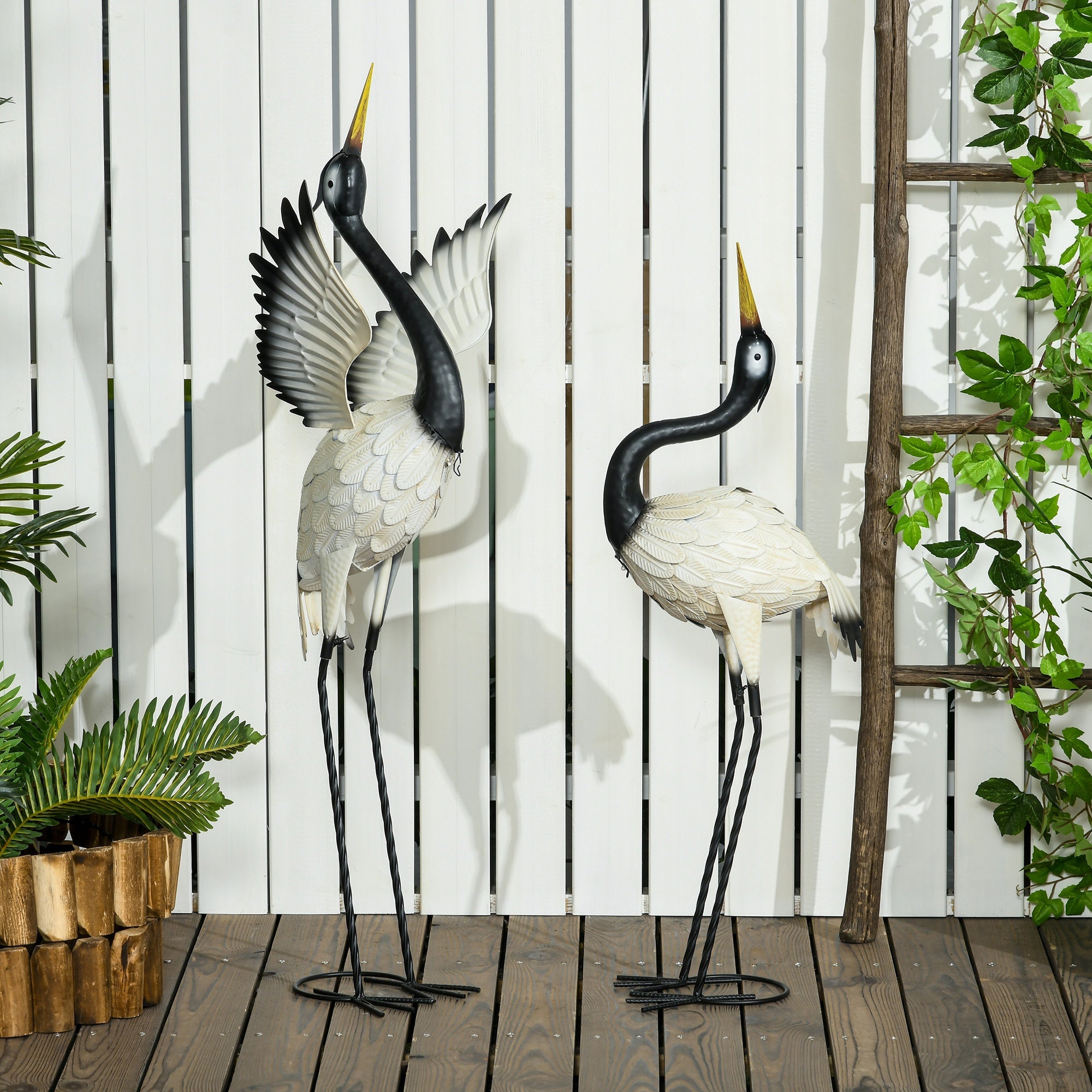 Outsunny 2pc Garden Heron Statues Metal Lawn Ornaments for Patio Backyard Decor White and Black