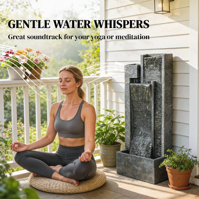Outdoor Water Fountain with LED Lights and Planter, 3-Tier Modern Cascading Waterfall Feature with Pump, Dark Grey