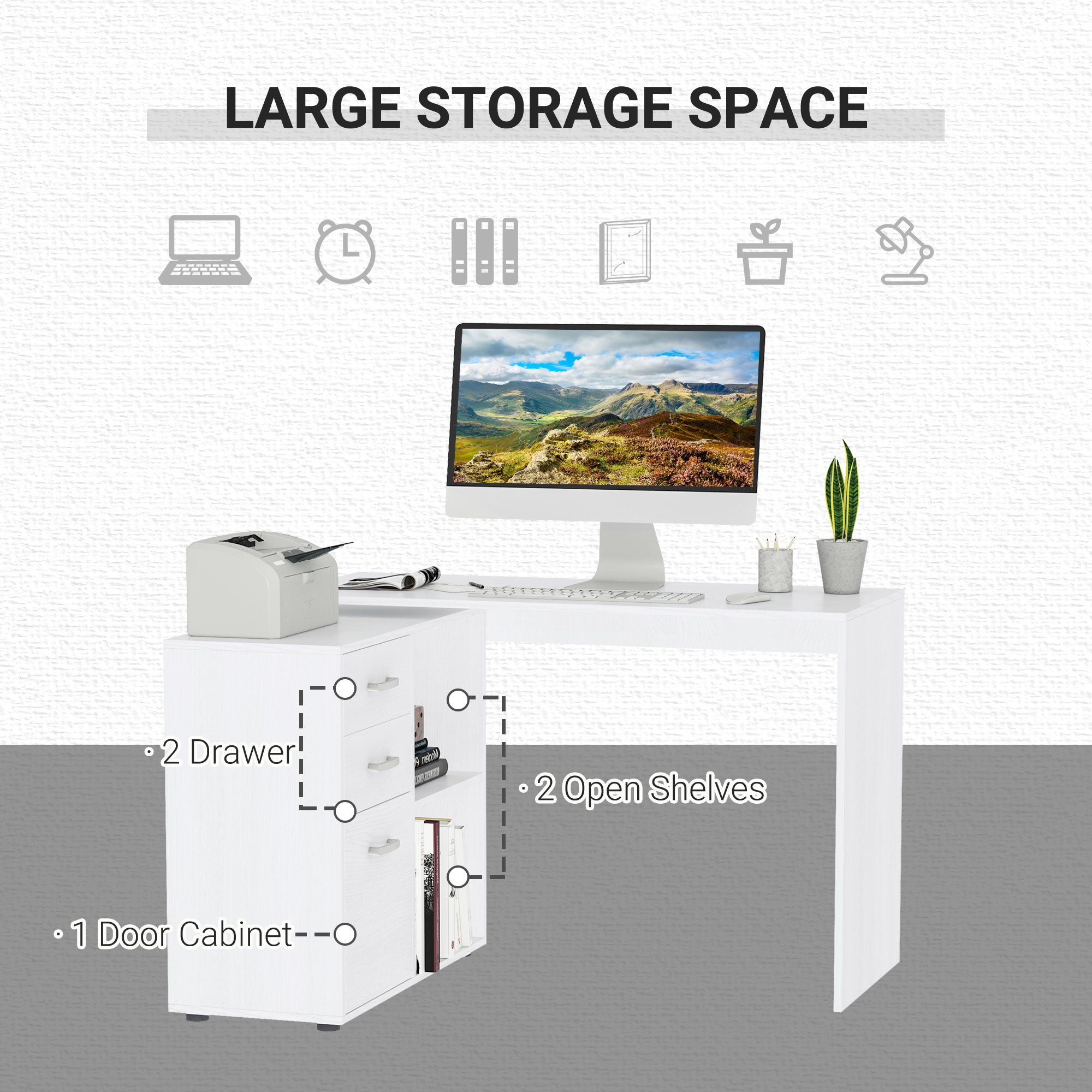 HOMCOM L-Shaped Desk Computer Corner with Storage Shelf Drawer White Home Office Workstation