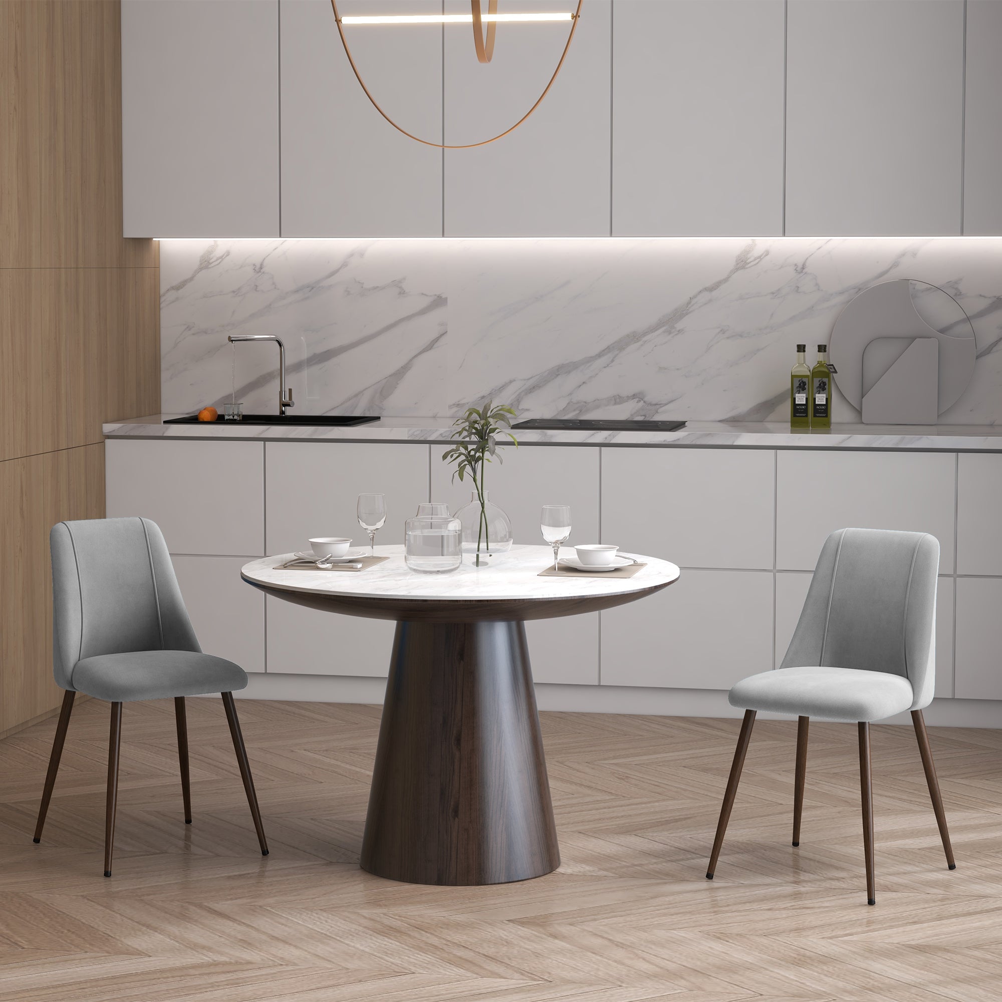 HOMCOM Set of 4 Modern Kitchen Dining Chairs Velvet-touch Upholstery Curved Back Wood-grain Steel Legs Grey