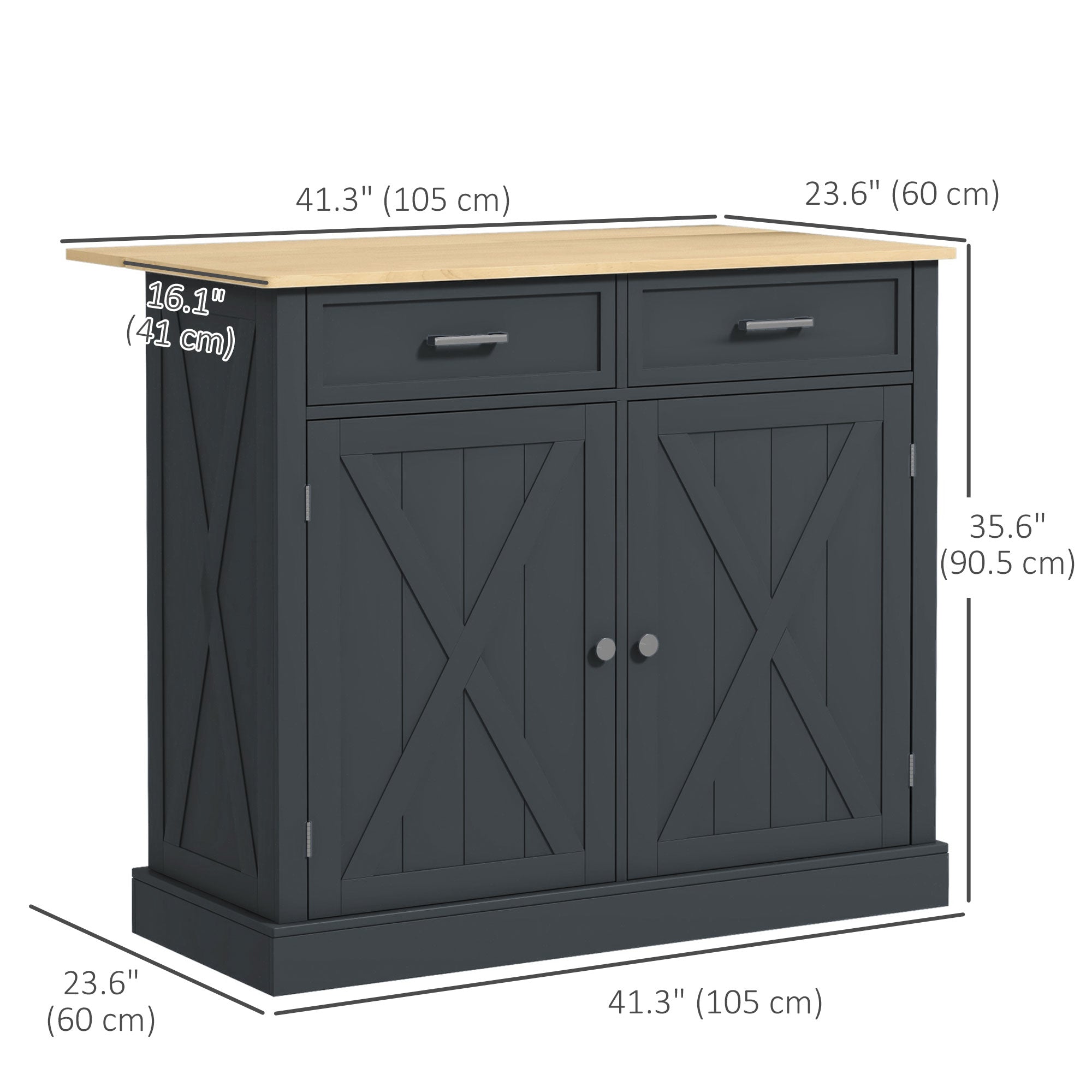 HOMCOM Slate Grey Galley Genius: Rubberwood Kitchen Island with Beadboard, Rolling Cart, 2 Drawers, Adjustable Shelves for Storage