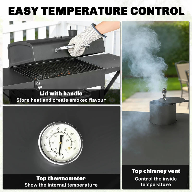 Charcoal Grill with 2 Side Tables, Barbecue Grill with Thermometer and Warming Rack, Wheels, 43.3"x18.3"x39.8", Black