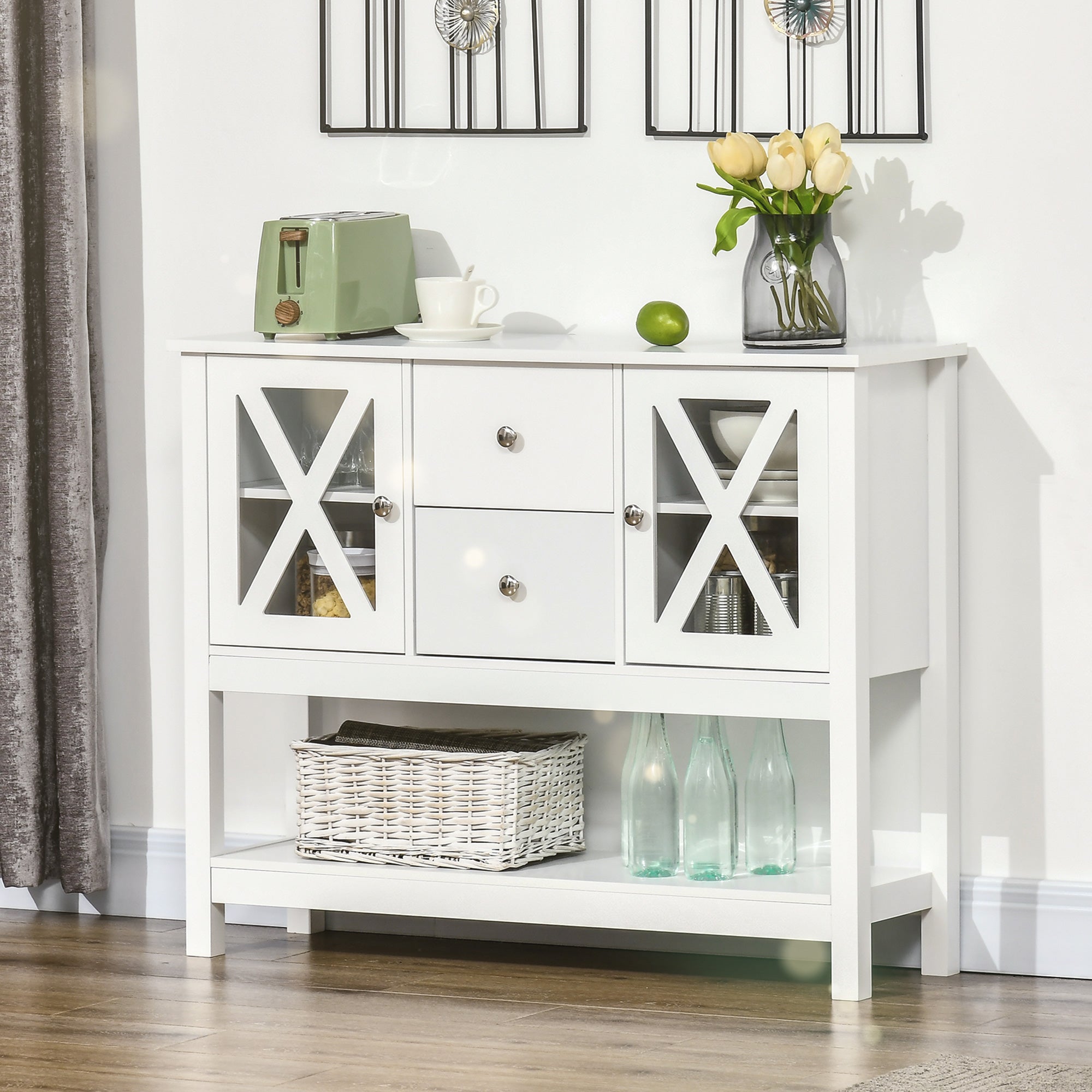 HOMCOM Glass Door Living Room Console: Modern Sideboard, Buffet Bar Cabinet with Storage Drawers and Adjustable Shelves