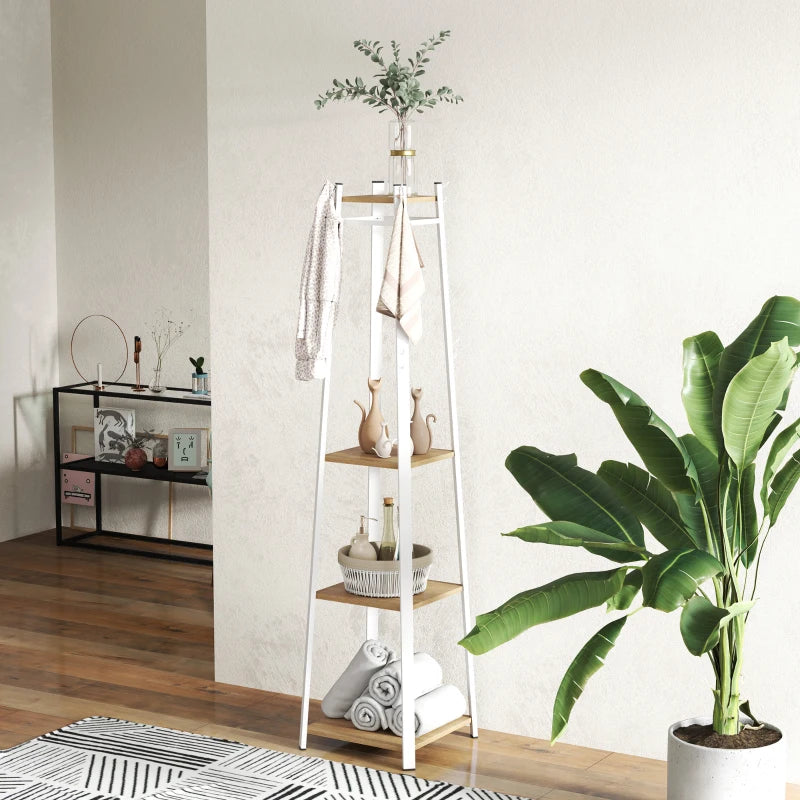 Clothes Rack with Storage, Garment Rack with 8 Hooks and 3-Tier Shelf, Clothes Stand for Bedroom, Entryway, Oak