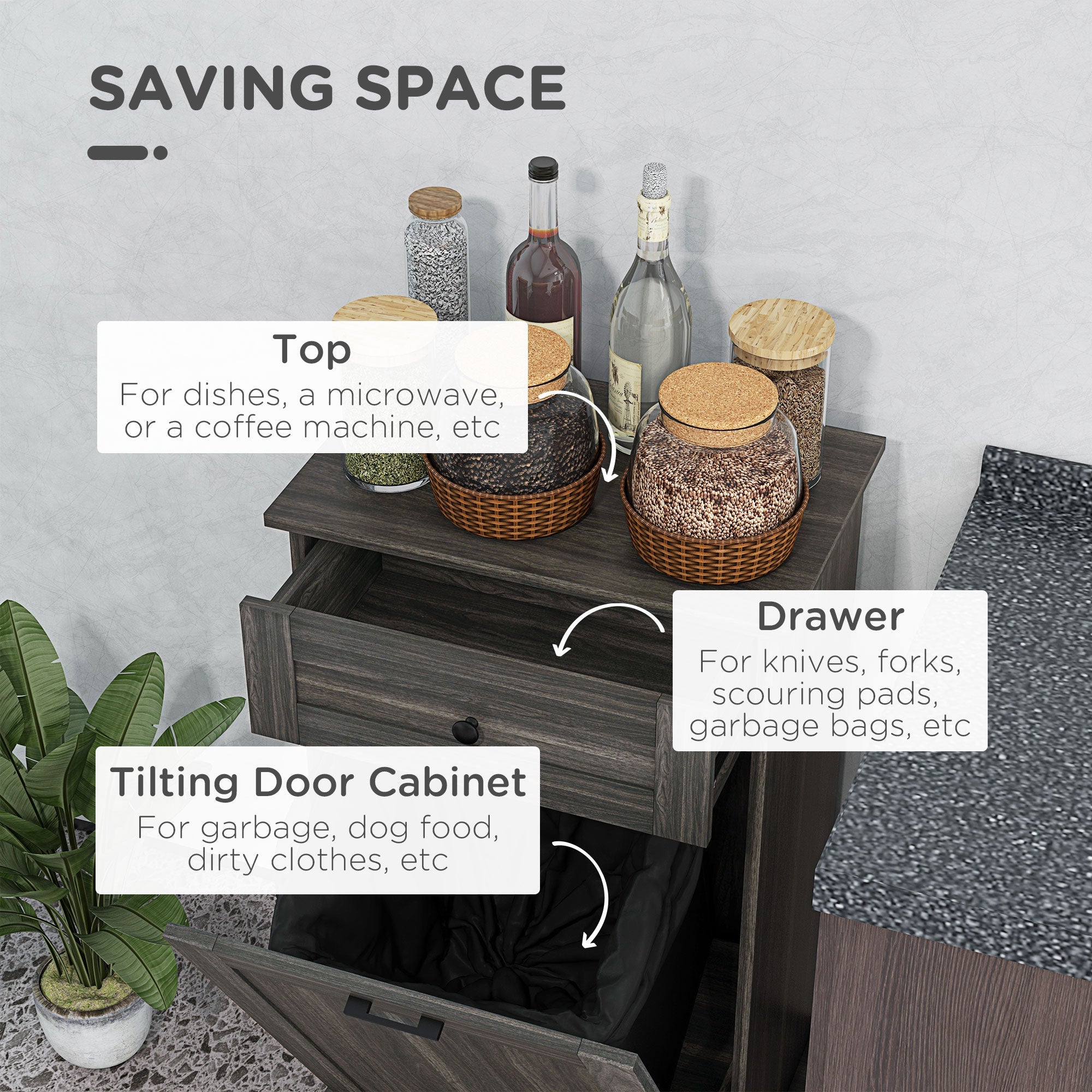 HOMCOM Kitchen Tilt Out Trash Bin Cabinet, Free Standing Recycling Cabinet, Trash Can Holder with Drawer, Charcoal Grey