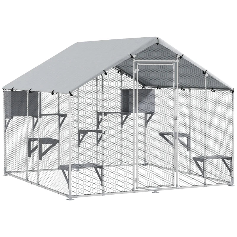 94.5" Extra Large Metal Outdoor Catio with Waterproof Cover, 2 Resting Boxes, 7 Platforms, for Multiple Rabbits, Chicken
