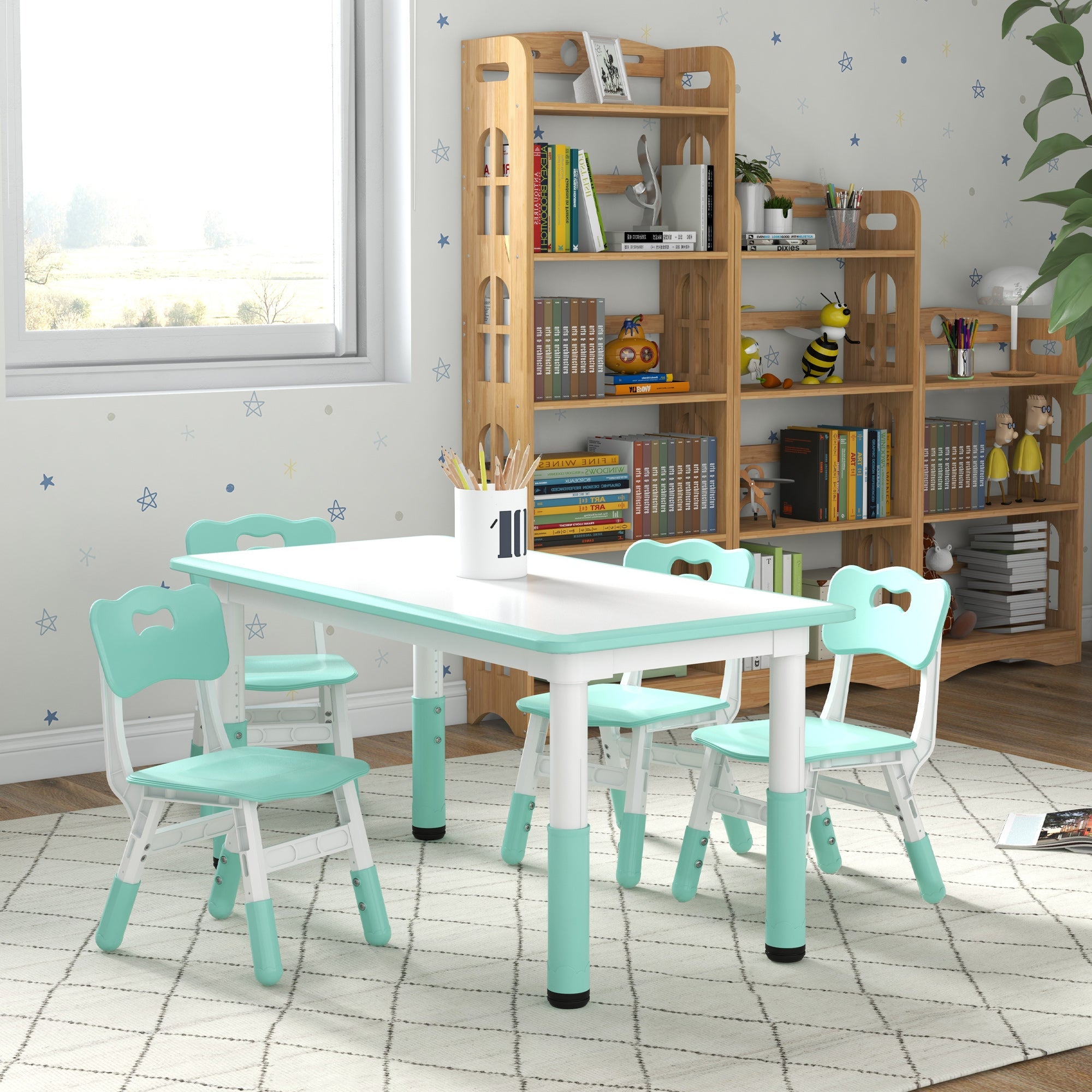 Qaba Kids Table & 4 Chair Set: Adjustable Height, Durable, Easy Clean for Toddlers in Green