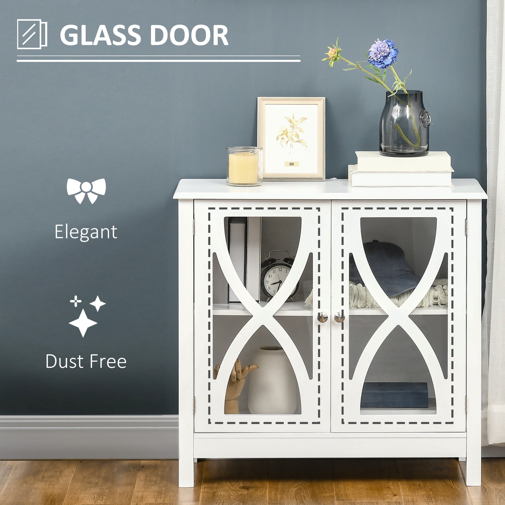 HOMCOM White Glass Door Sideboard: Buffet Cabinet with Accent Cupboard & Adjustable Shelf for Dining & Living Rooms