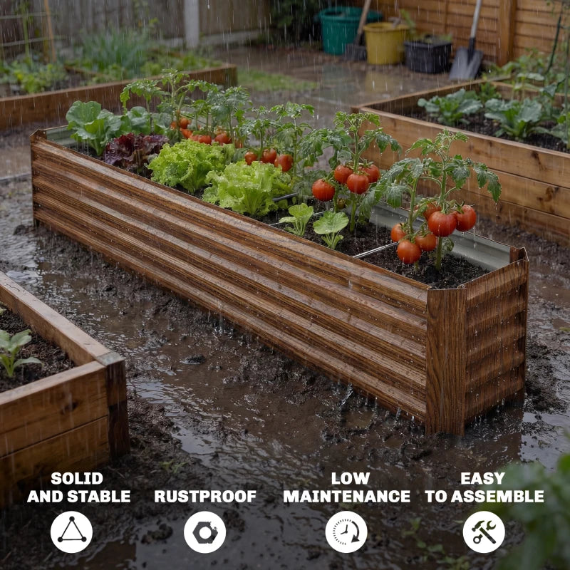 8 x 1.3 x 1.5ft Galvanized Raised Garden Bed, Reinforced Outdoor Planter Box with Open Bottom, Brown Wood Effect