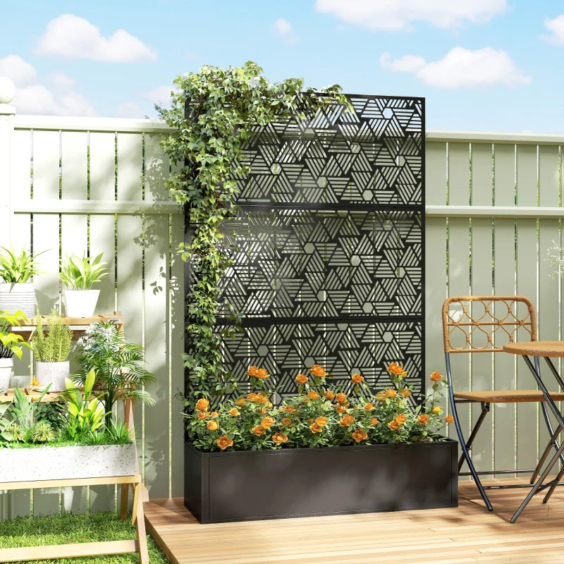 Metal Planter Box with Trellis, 70" Tall Raised Garden Bed with Privacy Screen, Hexagon and Line Cut-Out