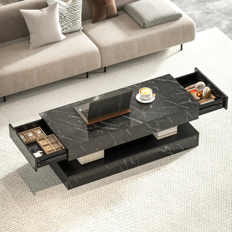 Coffee Table with Adjustable LED Lights, Center Table with 2 Drawers, Open Shelf, Remote, High Gloss Marble-Effect Black