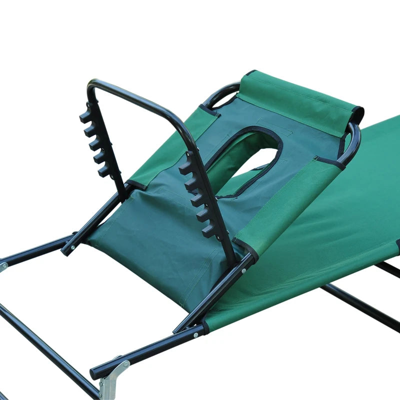 Folding Outdoor Lounge Chair, Portable Reclining Beach Lounger with Face Hole, Detachable Pillow, 3-Position Adjustable Backrest, For Patio, Garden, Poolside, Green