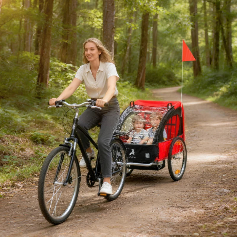 Aosom 2-Seat Child Bike Trailer for Kids with a Strong Steel Frame, 5-Point Safety Harnesses, & Comfortable Seat, Red