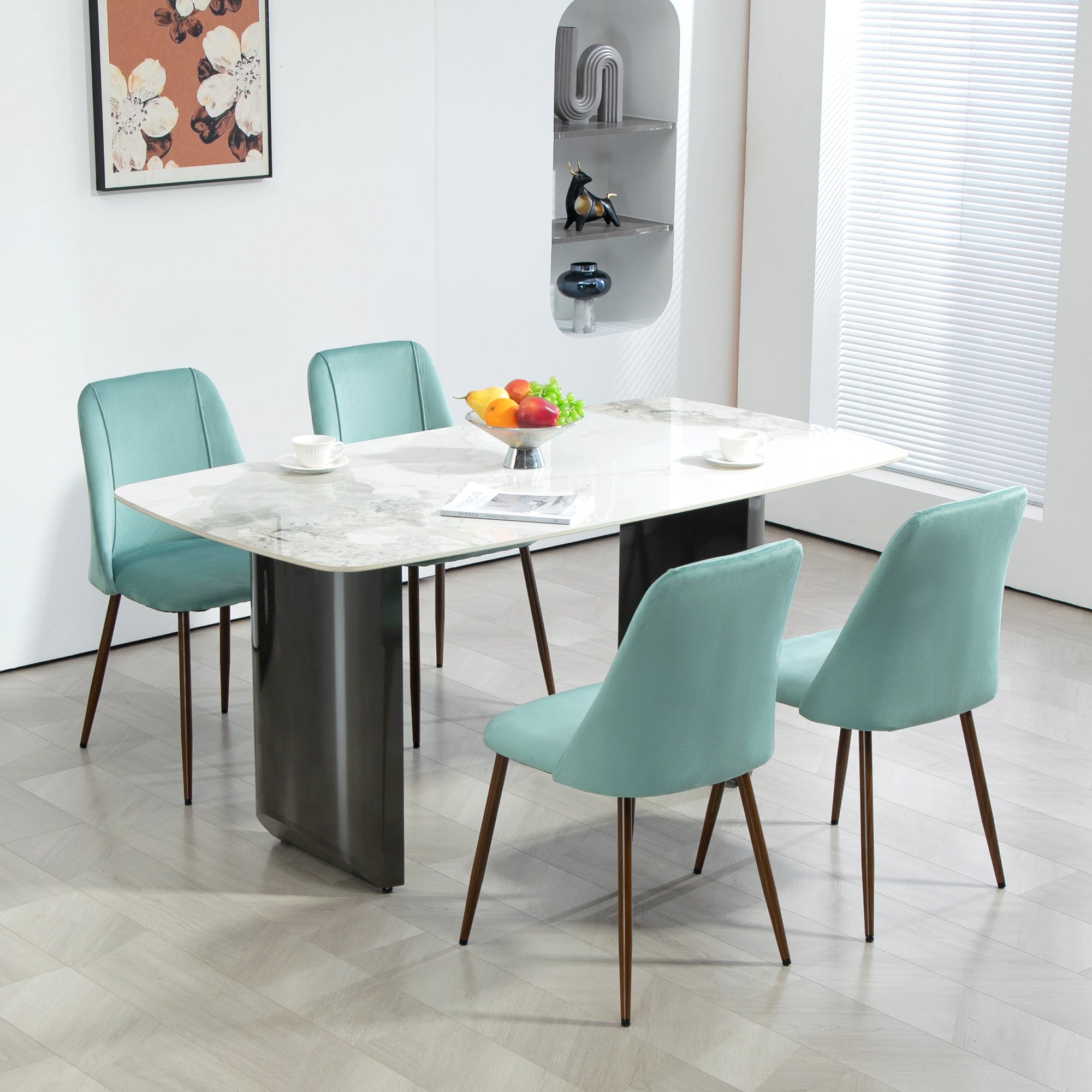 HOMCOM Upholstered Dining Chairs Set of 4, Velvet Accent Chair with Back and Wood-grain Steel Leg for Kitchen, Light Green