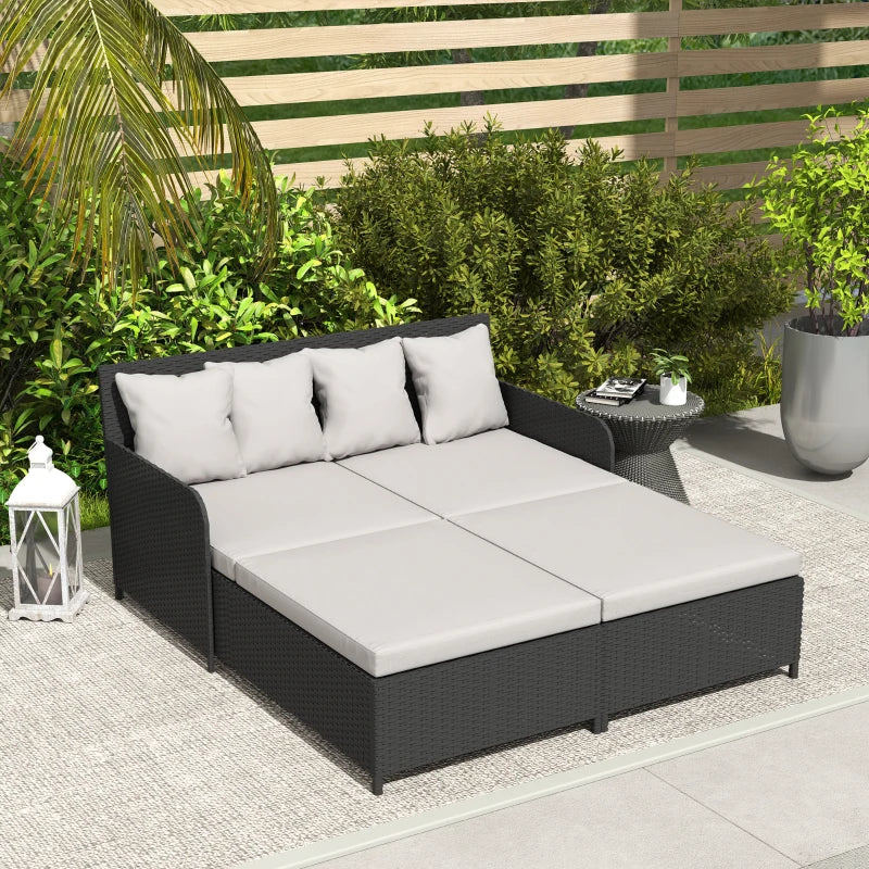 Rattan Outdoor Daybed, Sunbed Loveseat with Soft Cushions, 4 Pillows, Curved Backrest & Armrest, Light Grey