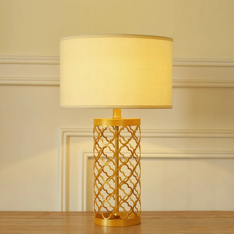 American Golden Wrought Iron Hollow Pattern Table Lamp – Luxury Living Room, Bedroom Bedside, LED E27, Beige Cloth Cover