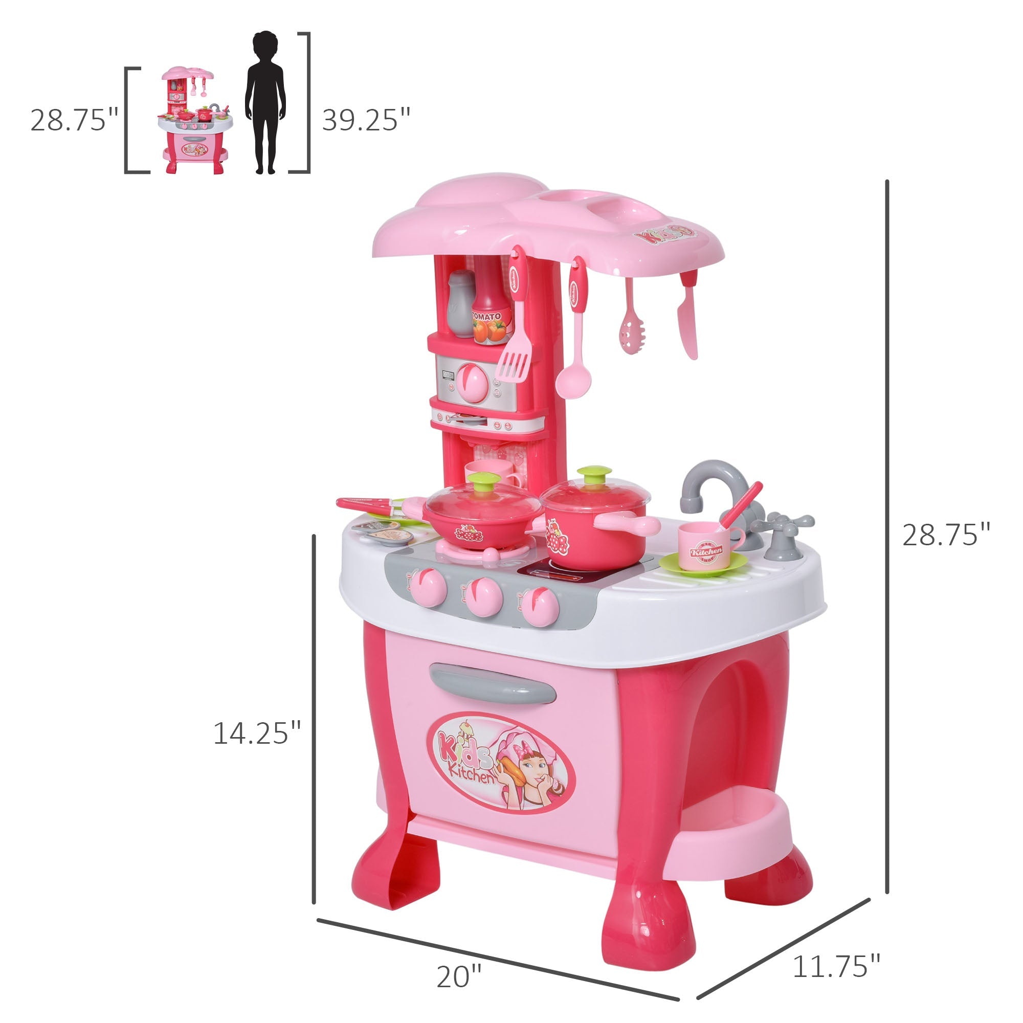 Qaba Children's Kitchen Playset with Light & Sound, 38Pcs Toy Accessories, Ideal for Pretend Play, Pink