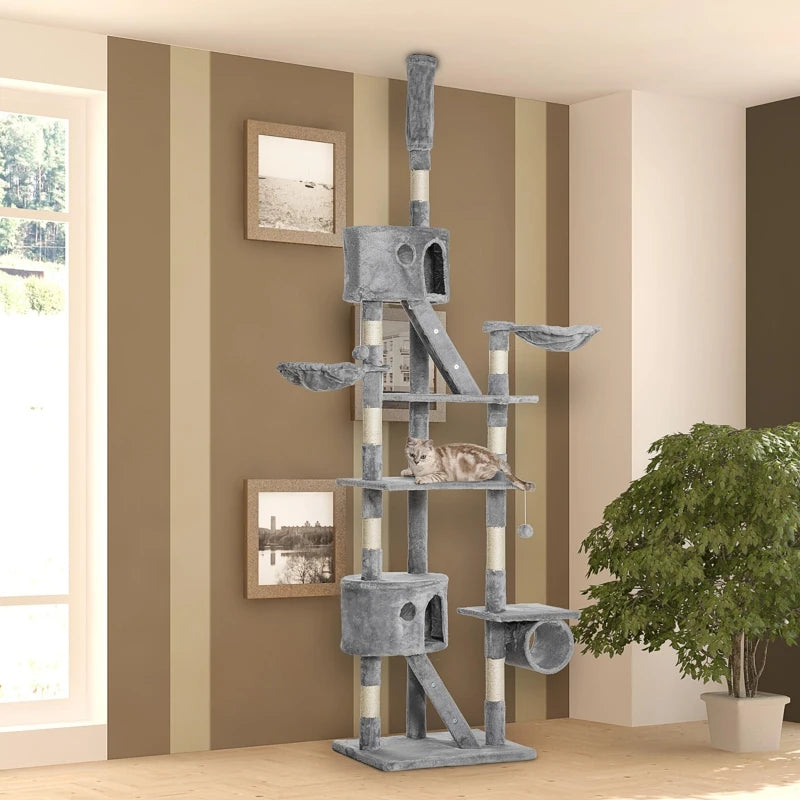 94"-102" Huge Cat Tree Ceiling High Cat Condo Scratching Post Activity Center Multi-Level Play House Light Grey