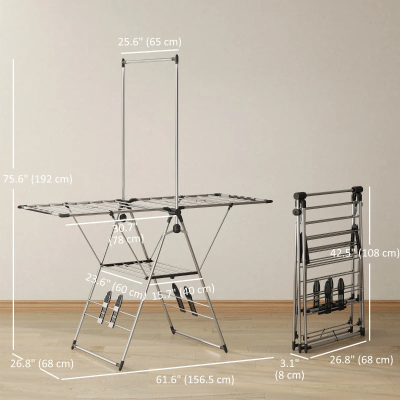 Clothes Drying Rack, Foldable Stainless Steel Laundry Drying Rack with Adjustable Gullwings and Shoe Holders, Silver