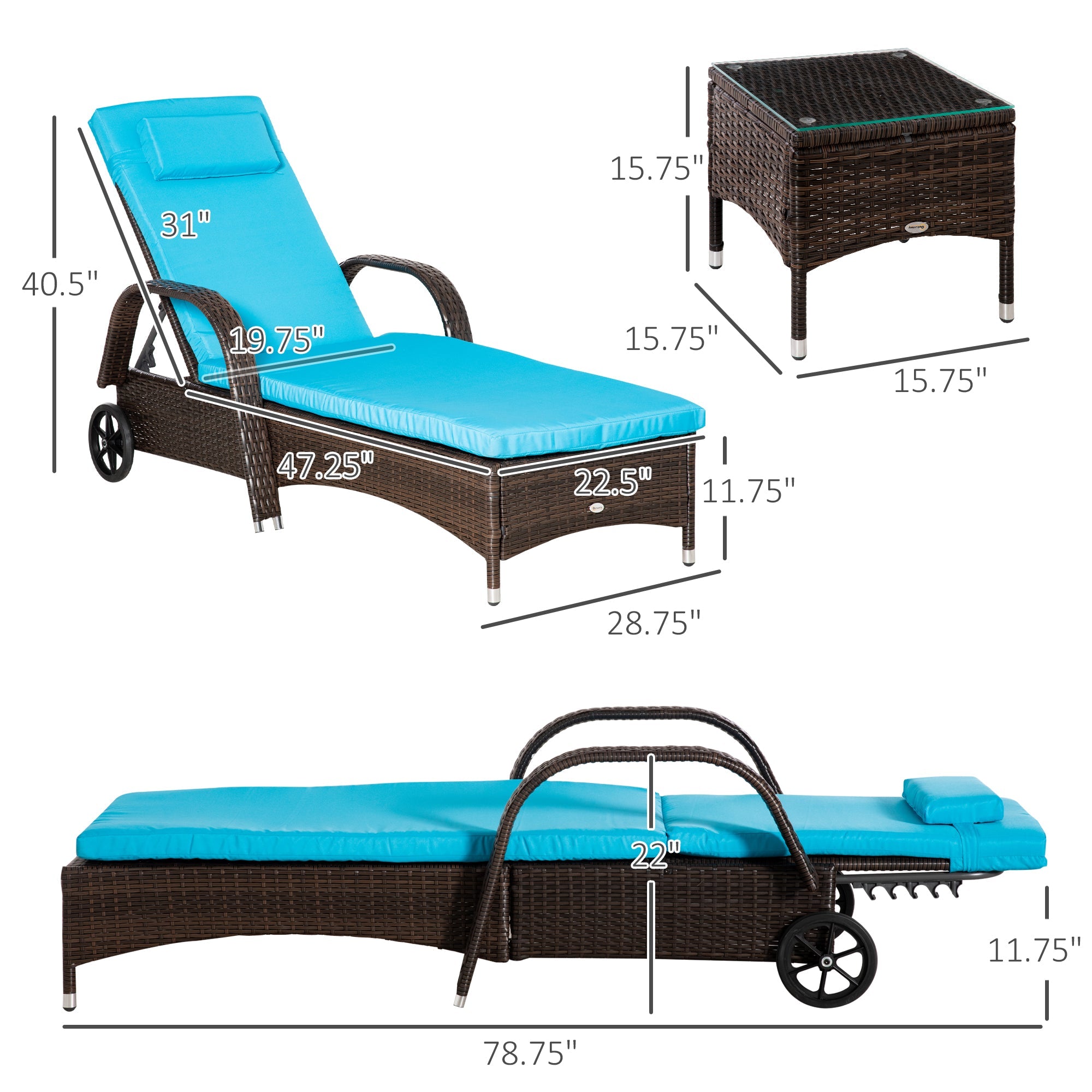 Outsunny 3 Pieces Patio Rattan Lounge Set Wheeled Wicker Chaise Lounge Chair Set Outdoor Reclining Lounger Adjustable Brown Blue