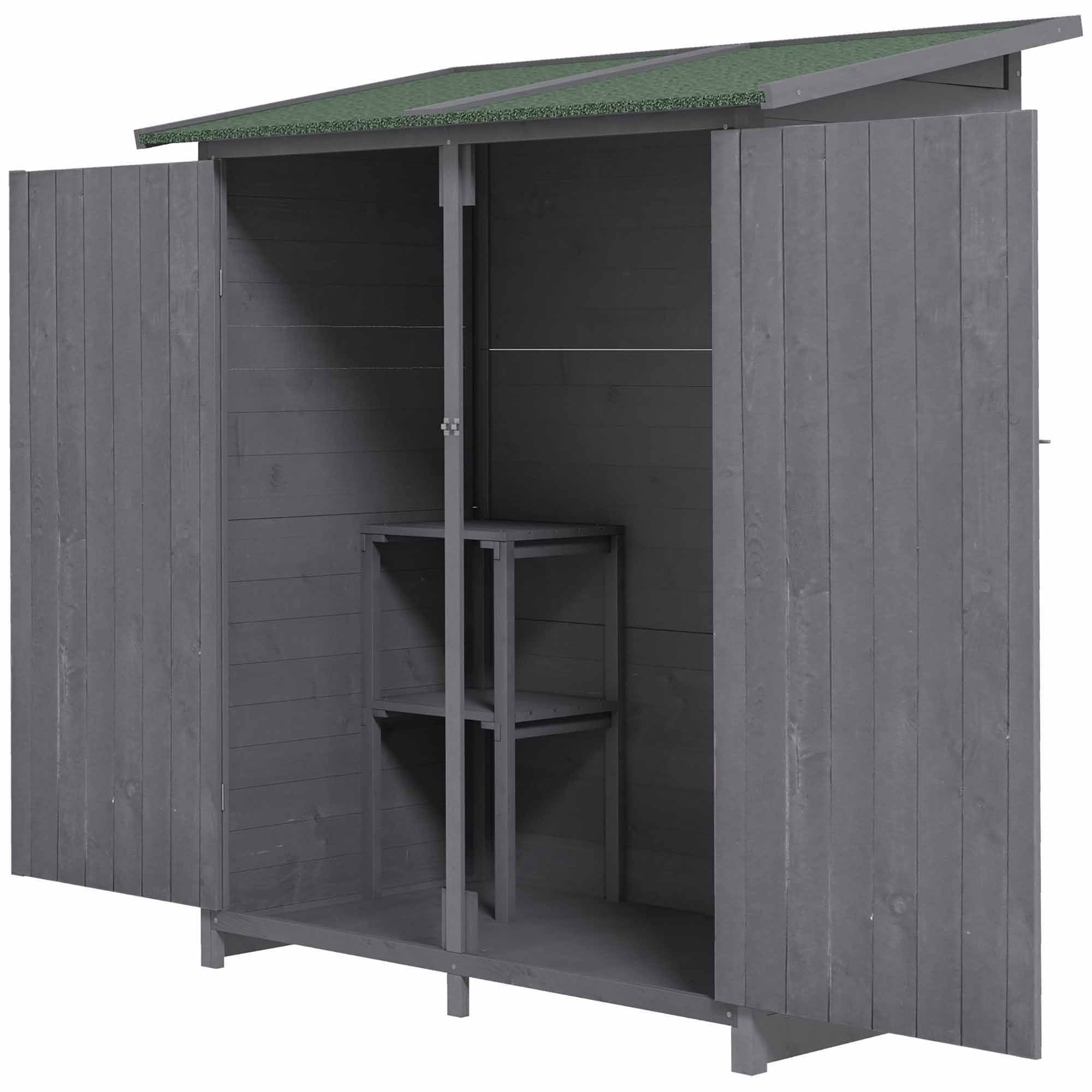 Outsunny Wooden Garden Shed Asphalt Roof Double Door Outdoor Storage Shelf Green Grey