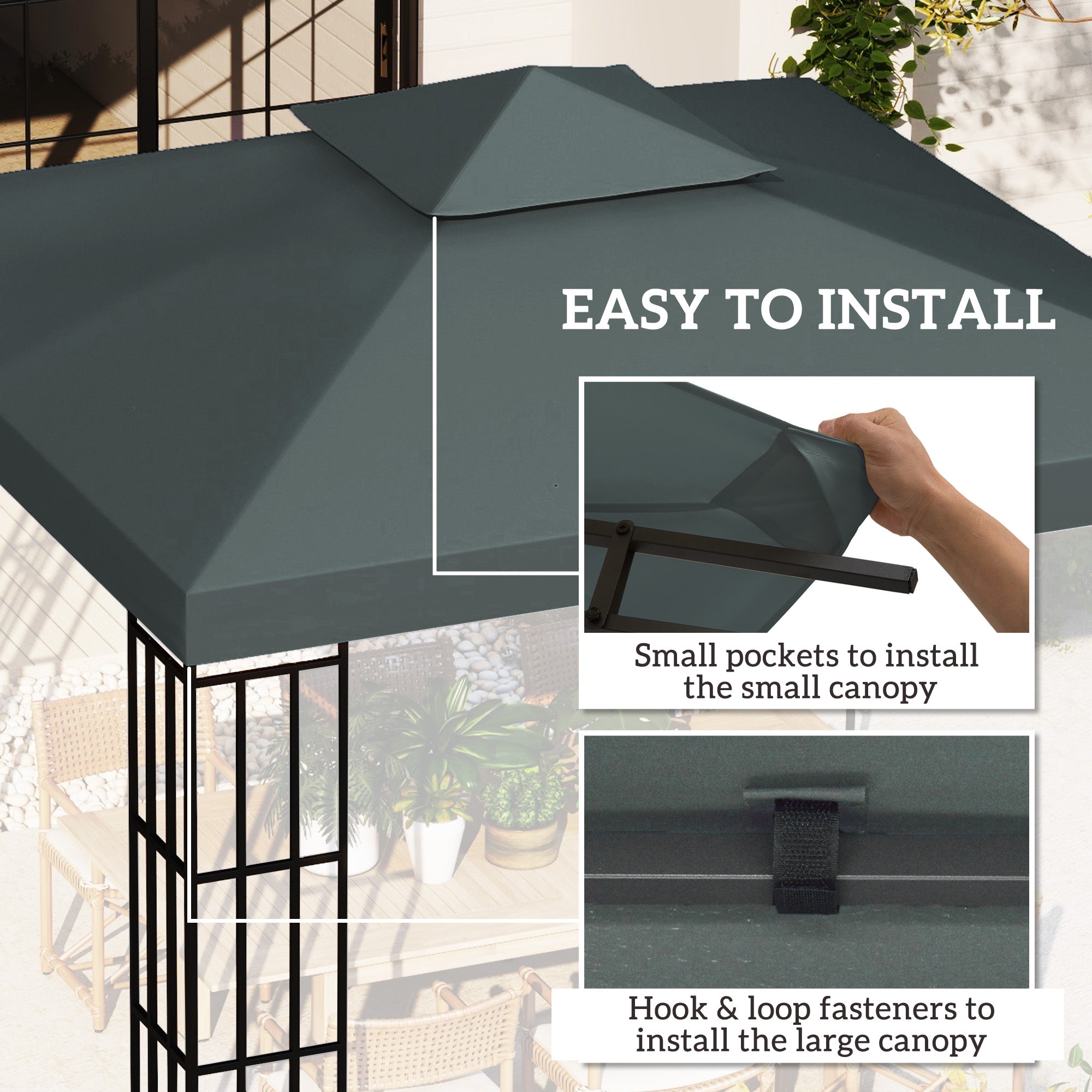 Outsunny 9.8' x 9.8' Square 2-Tier Gazebo Canopy Replacement Top Cover Outdoor Garden Sun Shade, Dark Grey