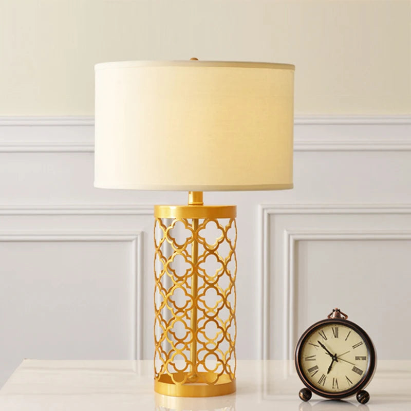 American Golden Wrought Iron Hollow Pattern Table Lamp – Luxury Living Room, Bedroom Bedside, LED E27, Beige Cloth Cover