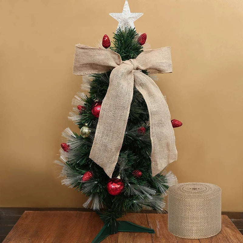 5m/Roll Natural Jute Burlap Rolls Solid Corded Edge Hessian Ribbon for Large Bow, Wreath, Tree Decor Wedding Christmas Supplies