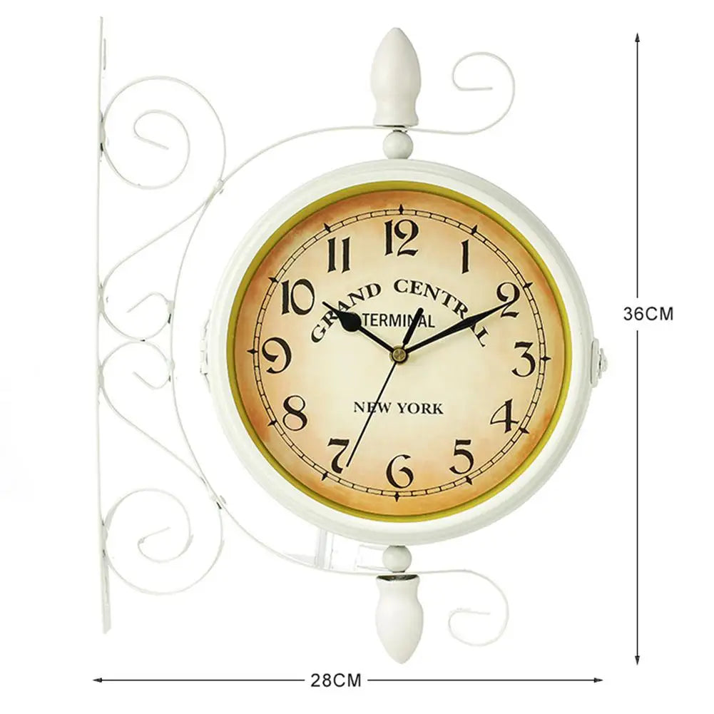 Retro Double-Sided Rotating Wall Clock - Metal Hanging Clock for Outdoor/Home/Garden Decor, Includes Wall-Mounted Bracket