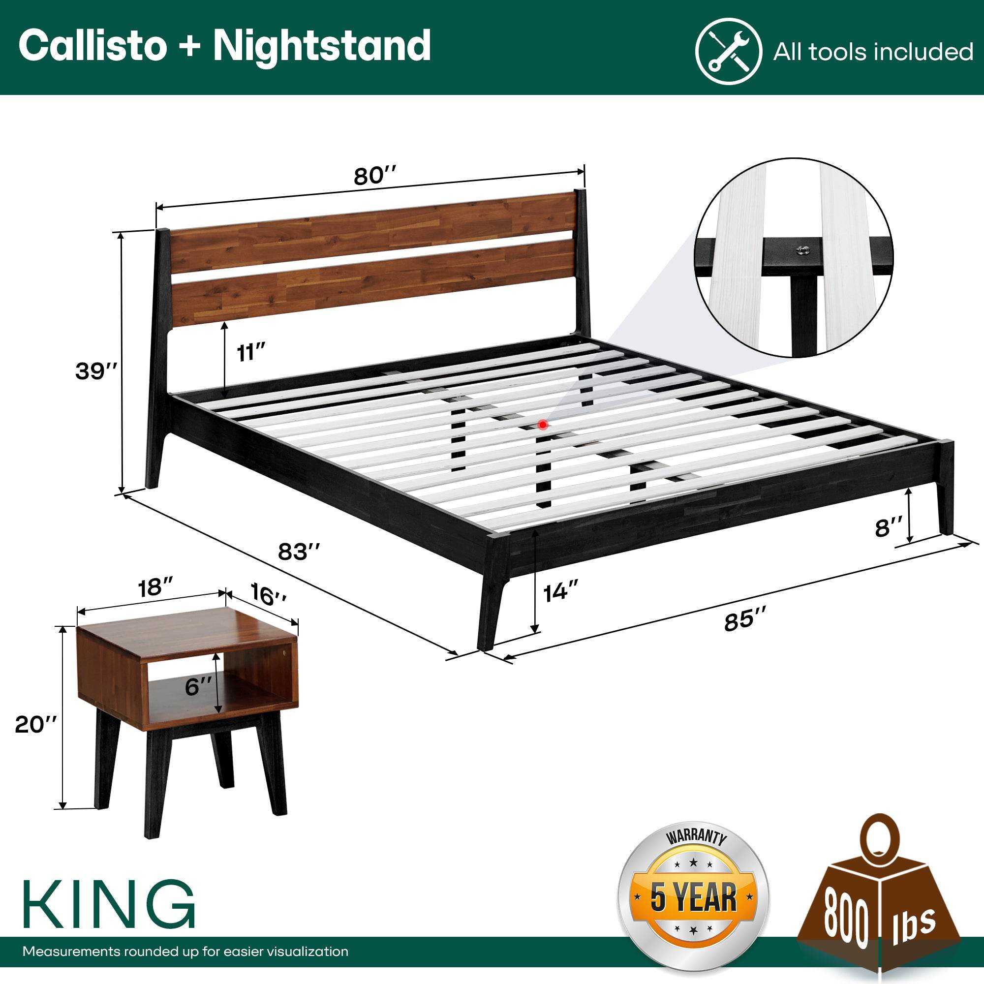 Callisto Solid Wood Bed Frame and Nightstand Bedroom Set
