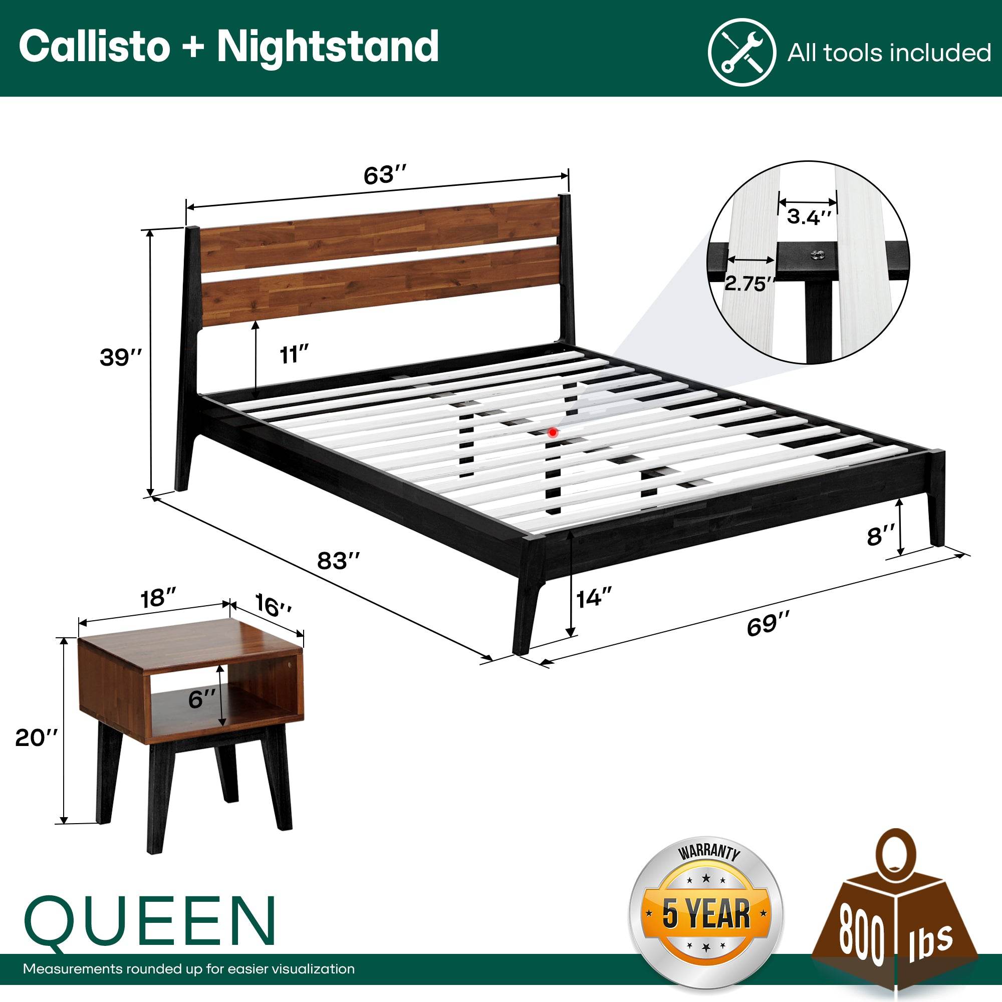 Callisto Solid Wood Bed Frame and Nightstand Bedroom Set
