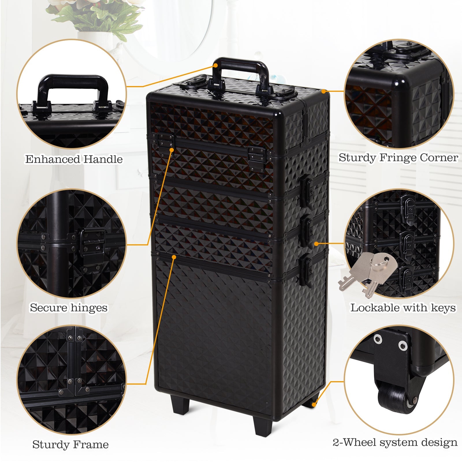 HOMCOM 4 in 1 Makeup Train Case Portable Aluminum Rolling Cosmetic Organizer Trolley with Wheels Multiple Compartments Black