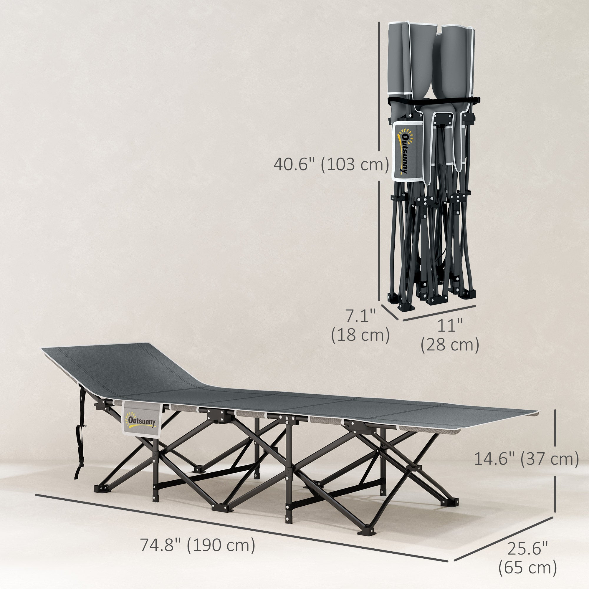 Outsunny 25.6" Wide Folding Bed, Camping Cot for Adults with Mattress, Carry Bag, Storage Pocket, Max Load 330 LBS, Light Grey