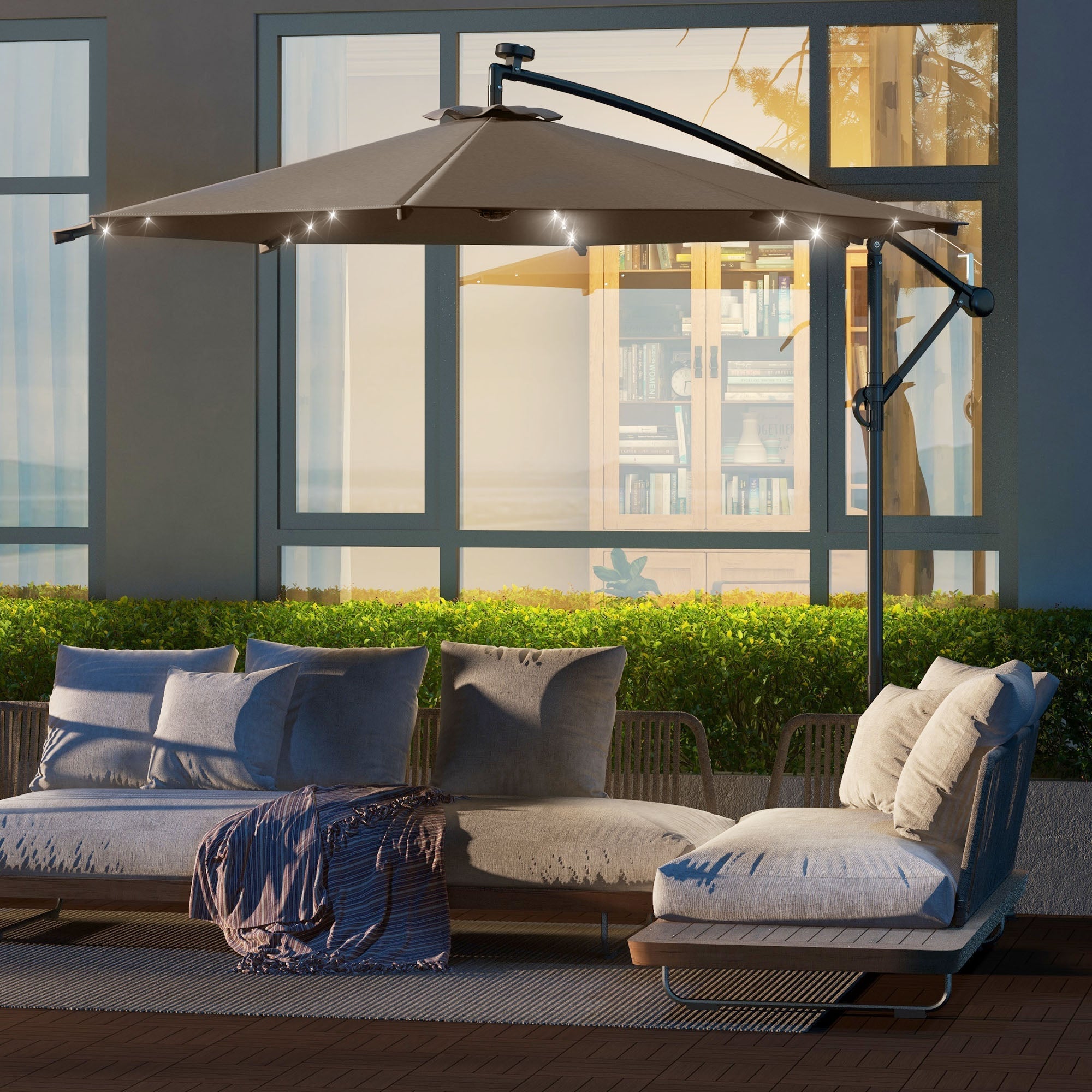 Outsunny 10' Cantilever Banana Umbrella Solar Lights Adjustable Angle Patio Backyard Khaki